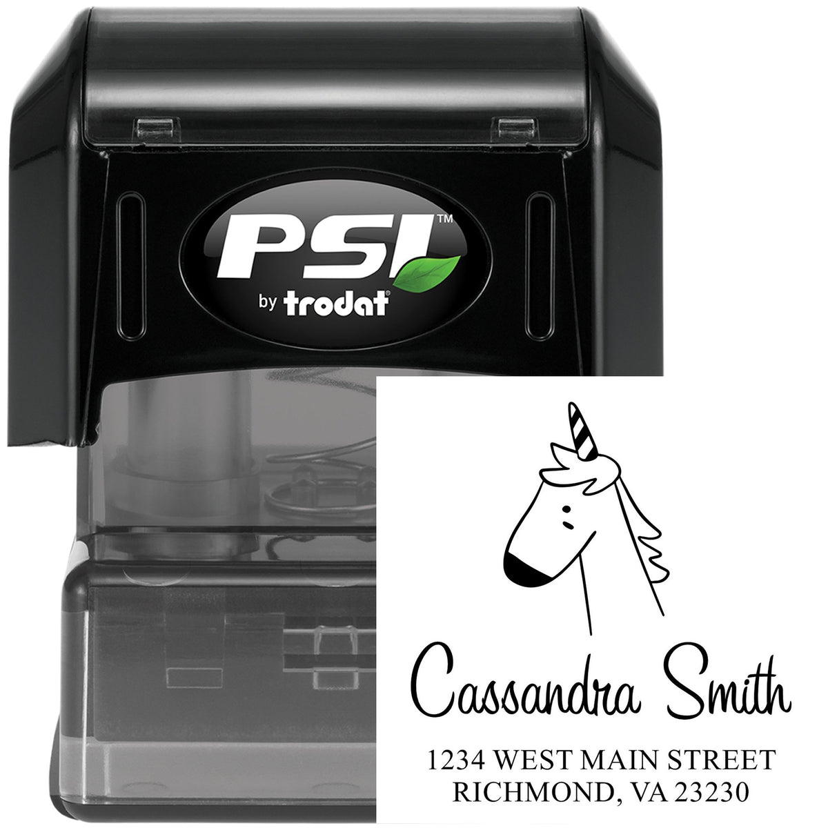 Whimsical Unicorn Pre-Inked Customized Mailing Stamp featuring a unicorn illustration and the text "Cassandra Smith, 1234 West Main Street, Richmond, VA 23230." This Customized New Address Stamper is black with a clear base for easy alignment.
