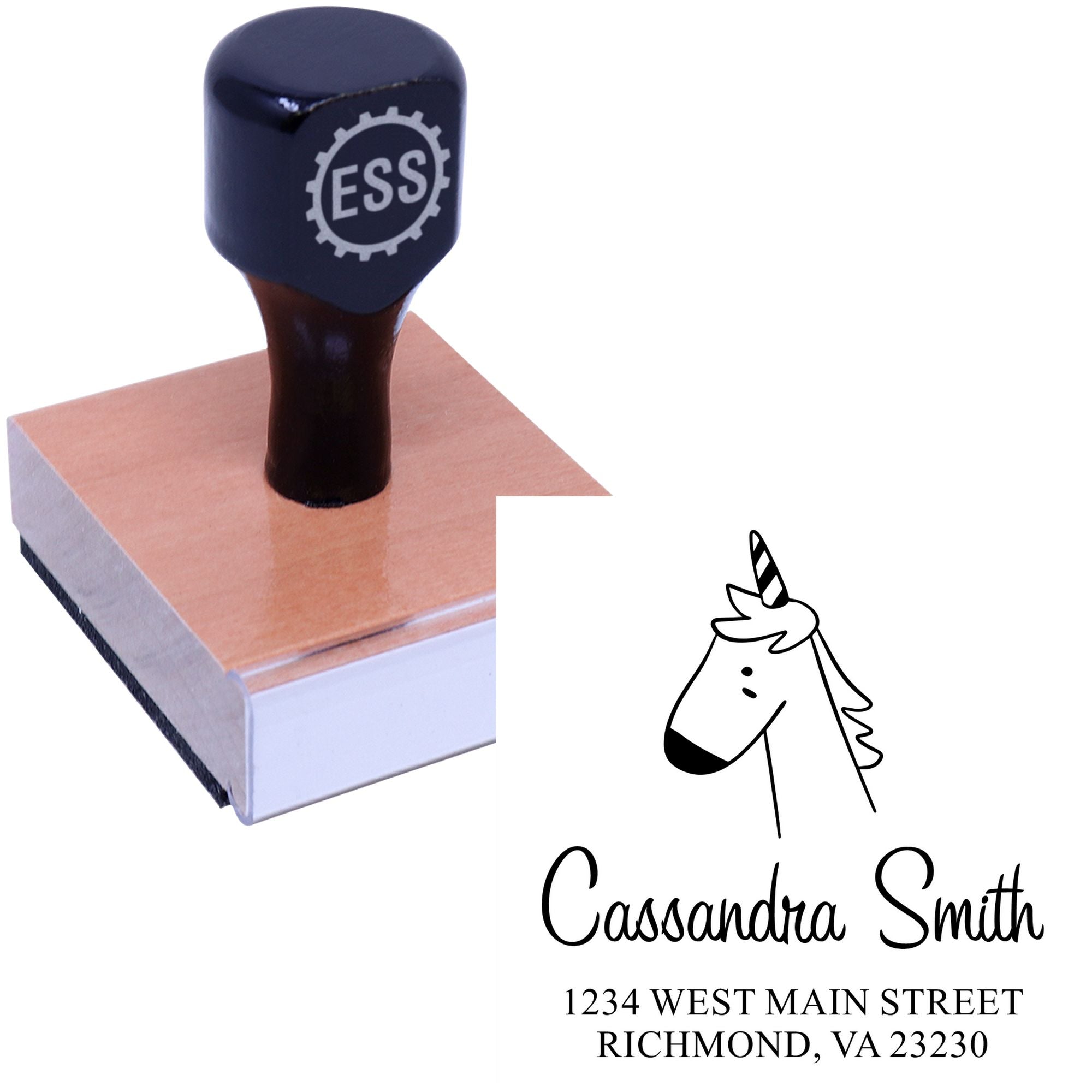 Wood handle whimsical unicorn cartoon animal made to order address stamp with customizable home stamper. The stamp features a wooden handle and a playful unicorn design, perfect for personalizing mail with a custom address.