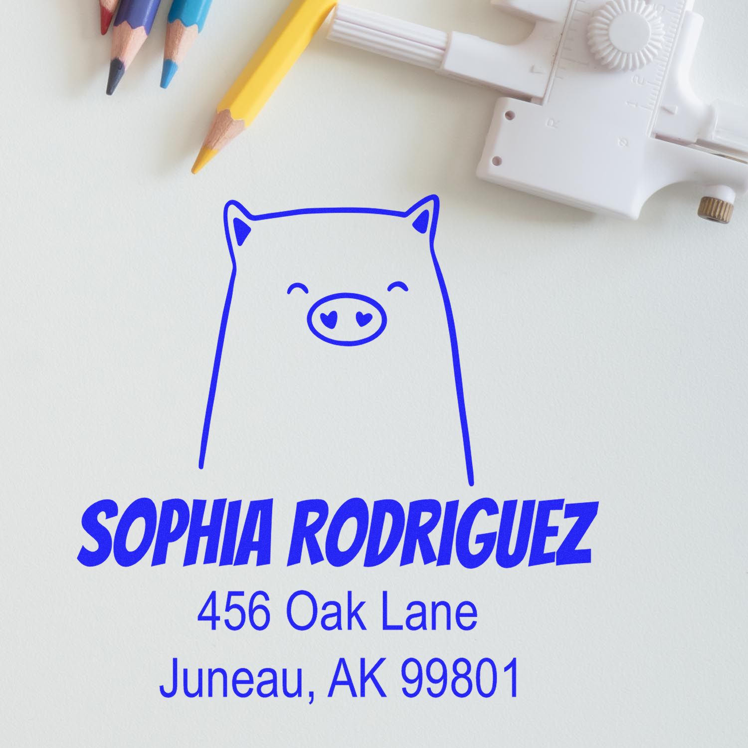 Wood handle cheery pig cartoon animal made to order address stamper on paper. Custom-made address stamp with blue ink features a smiling pig design, name "Sophia Rodriguez," and address "456 Oak Lane, Juneau, AK 99801." Pencils and a compass are nearby.