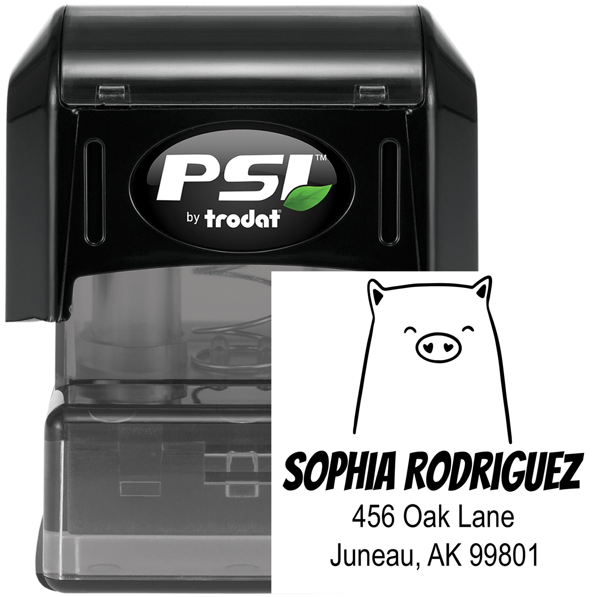 Cheery Pig Pre-Inked Customized Mailing Stamper featuring a smiling pig design. The Custom-Made Home Stamper displays the name "Sophia Rodriguez" with an address, set against a black casing with PSI branding.