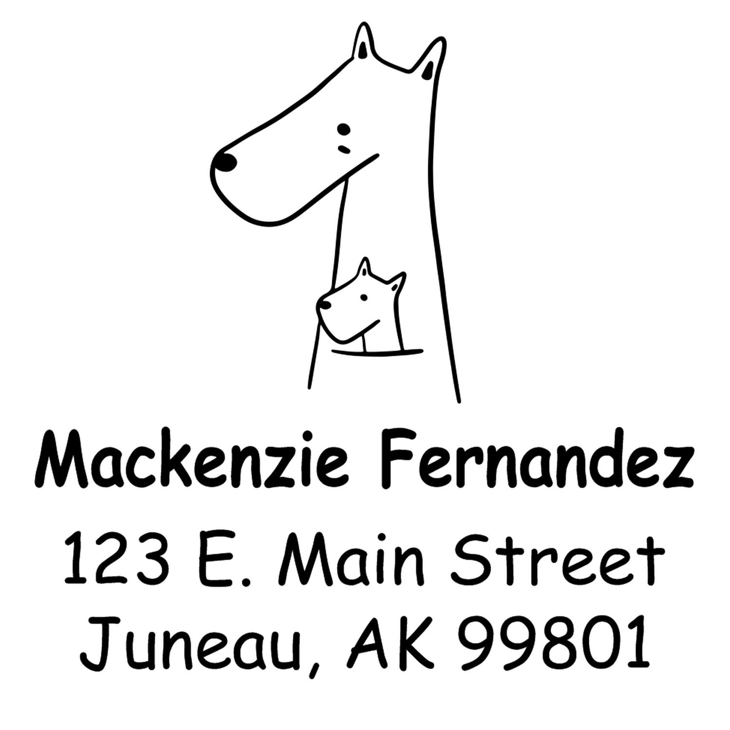 Self-Inking Cartoon Animal Snuggly Kangaroos Custom Made Address Stamper featuring a large kangaroo with a joey. Text reads "Mackenzie Fernandez, 123 E. Main Street, Juneau, AK 99801." Ideal for a Custom-Made Return Mail Stamper.