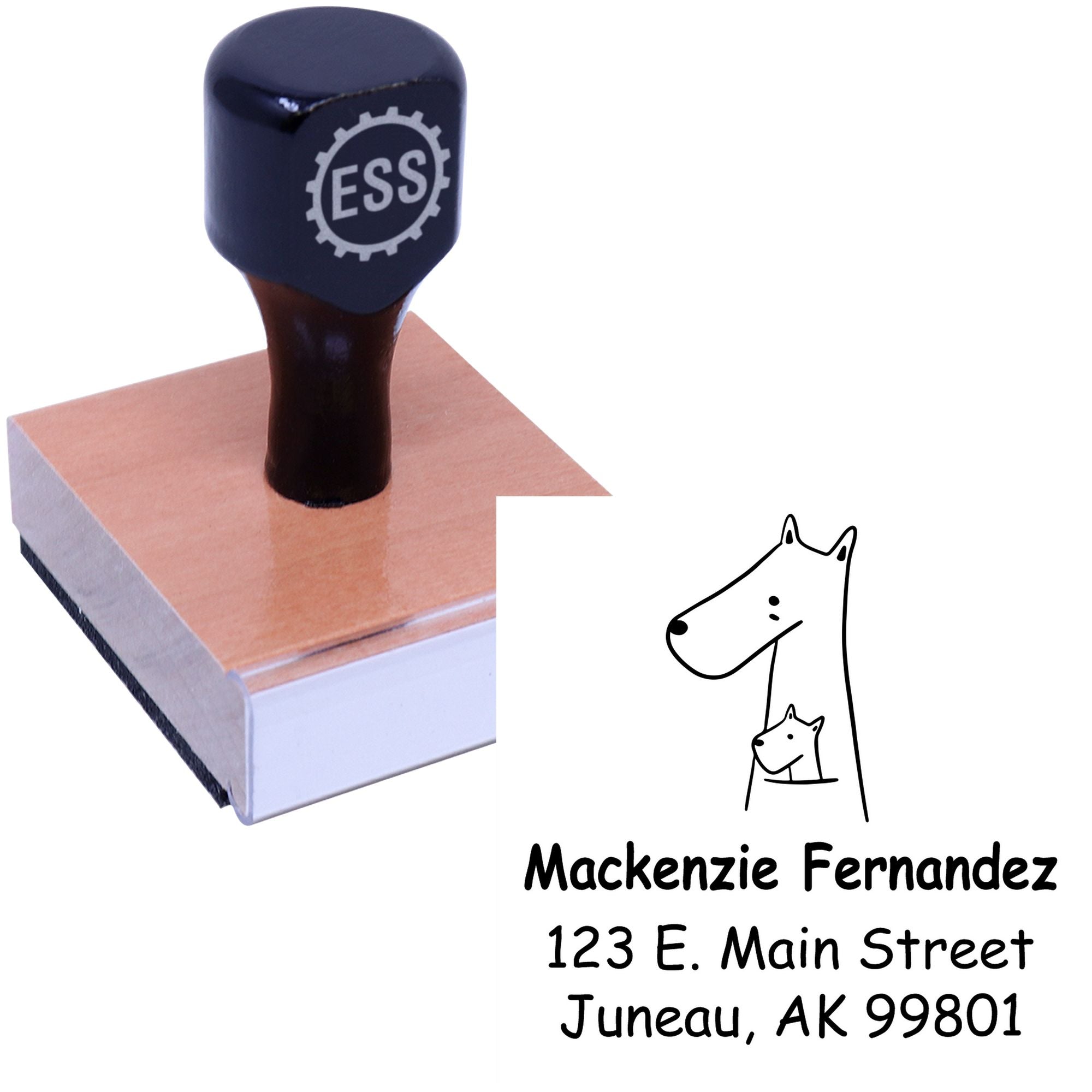 Wood handle stamp featuring a snuggly kangaroos cartoon animal design. Custom-made address stamper with "Mackenzie Fernandez, 123 E. Main Street, Juneau, AK 99801." Made to order for home use.