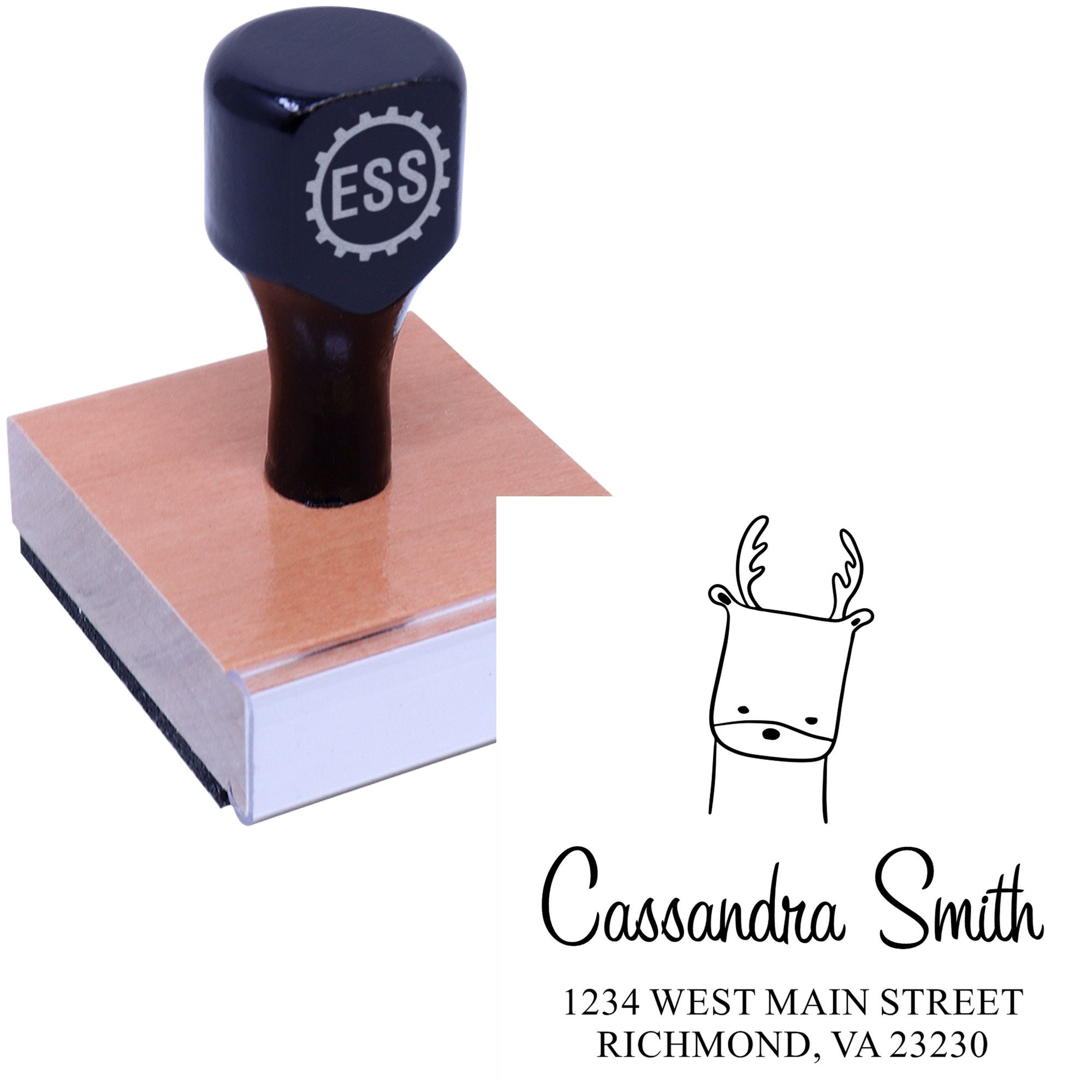 Wood handle address stamp featuring a regal reindeer cartoon animal design. The made-to-order envelope stamper displays the name "Cassandra Smith" and address "1234 West Main Street, Richmond, VA 23230" with a whimsical reindeer illustration.