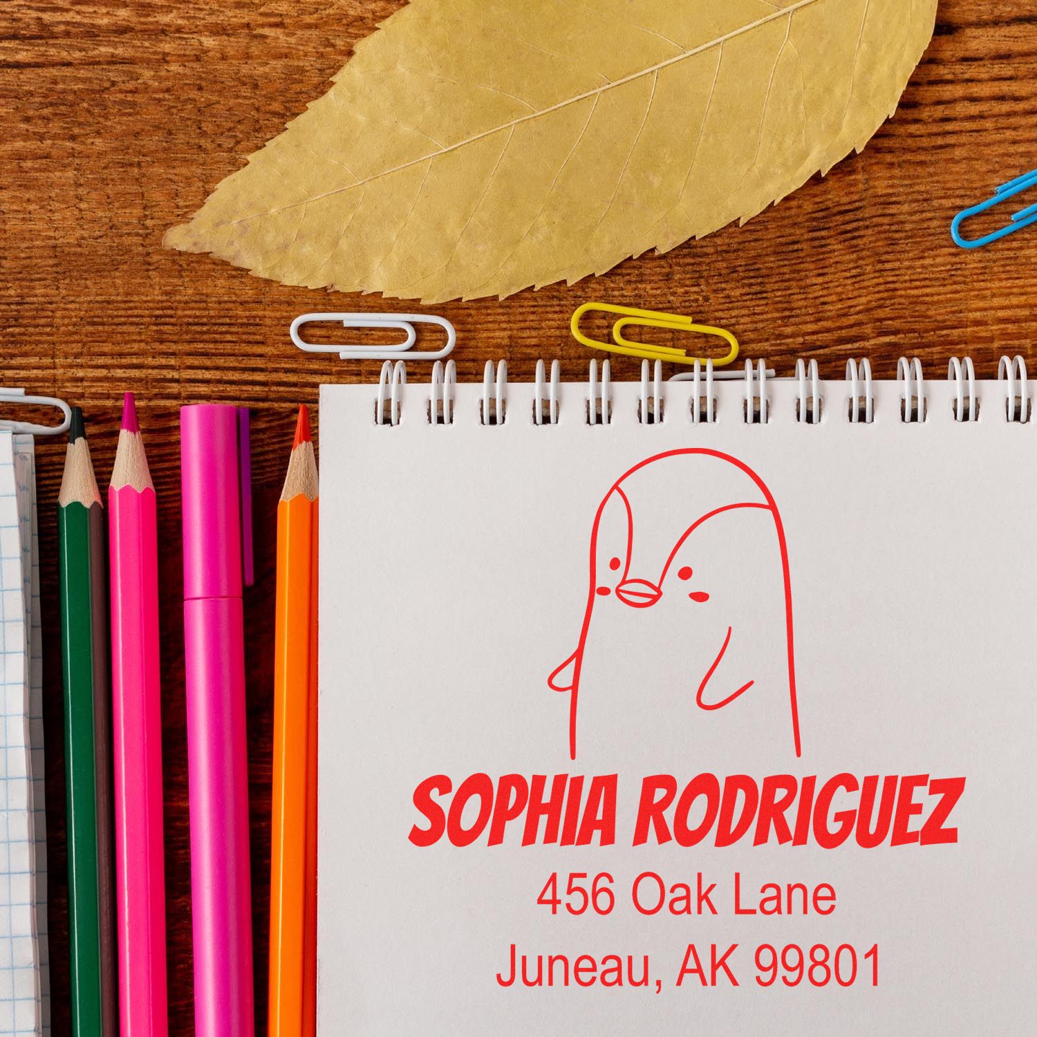 A Portable Pre-Inked Perky Penguin Custom Designed Home Stamper imprint on a notepad, showing Sophia Rodriguez, 456 Oak Lane, Juneau, AK 99801 in red. Surrounding the notepad are colorful pencils and paperclips. Custom-Made Home Stamp in use.