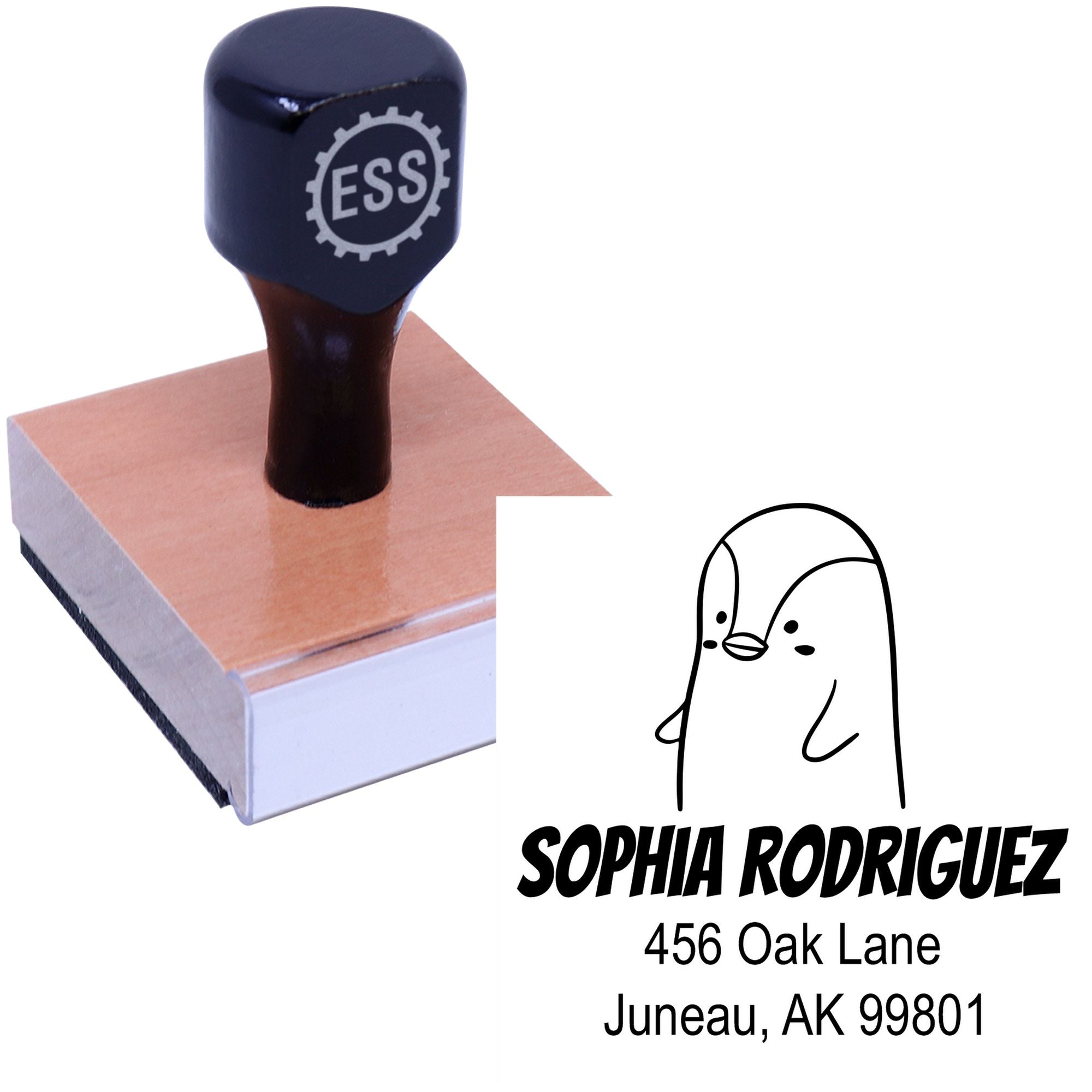 Wood handle perky penguin cartoon animal made to order address stamp. Custom new address stamper with a wooden base and black handle, featuring a cute penguin design and personalized address details.