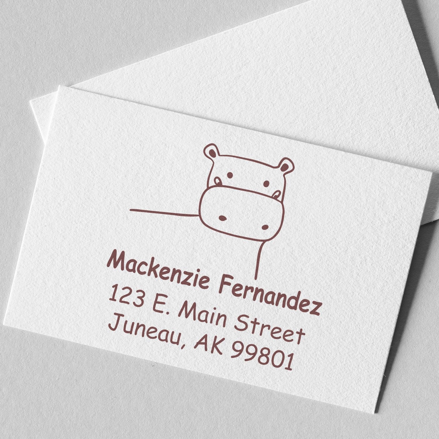 Custom New Address Stamp featuring a happy hippo cartoon animal with a wood handle. The made-to-order address stamper displays "Mackenzie Fernandez, 123 E. Main Street, Juneau, AK 99801" on a white card.