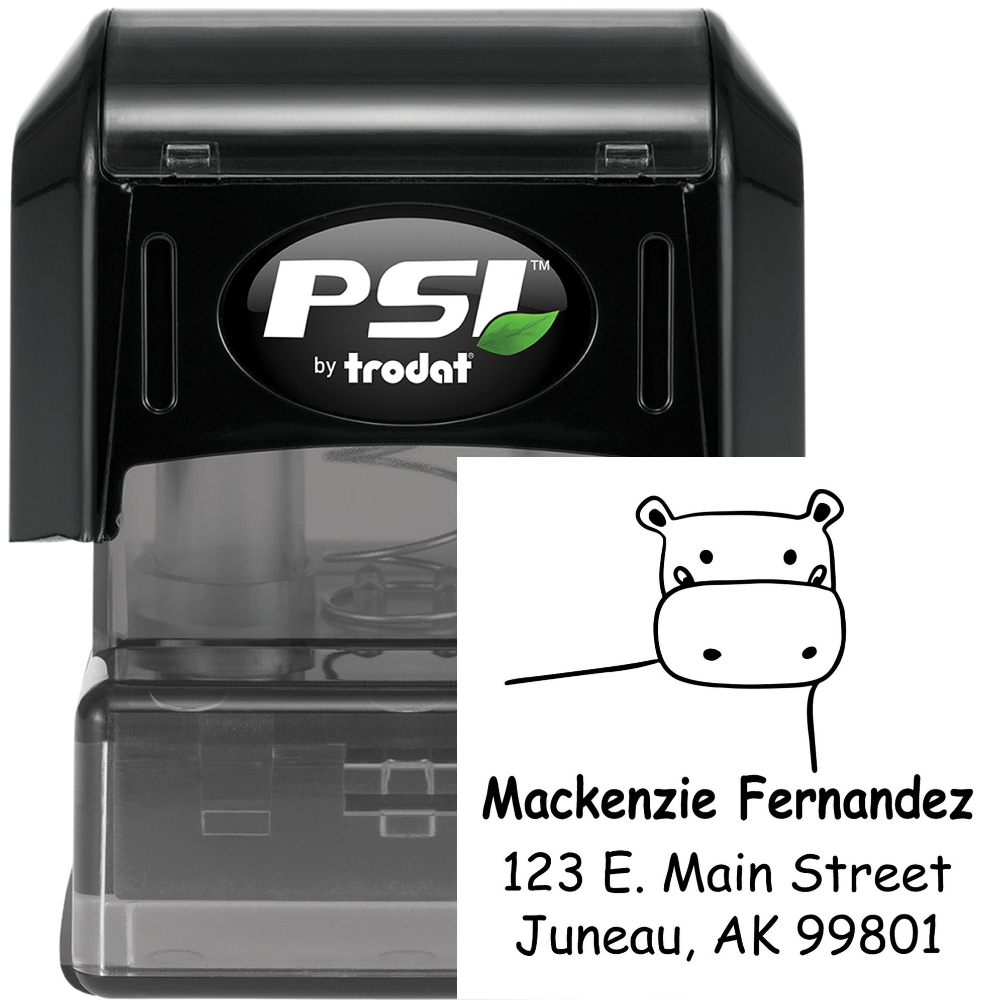 Image of a Happy Hippo Pre-Inked Customized Envelope Stamper featuring a hippo illustration. The customizable return mail stamp displays the name "Mackenzie Fernandez" with an address in Juneau, AK. The stamper is black with PSI branding.