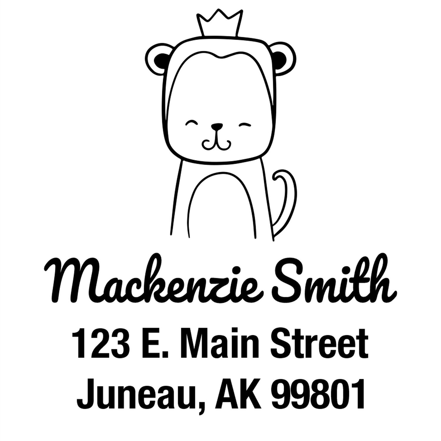 Mischievous Monkey Pre-Inked Customized Address Stamp featuring a cute monkey with a crown above the text "Mackenzie Smith, 123 E. Main Street, Juneau, AK 99801." This Personalized Mailing Stamp is ideal for adding a playful touch to your correspondence.