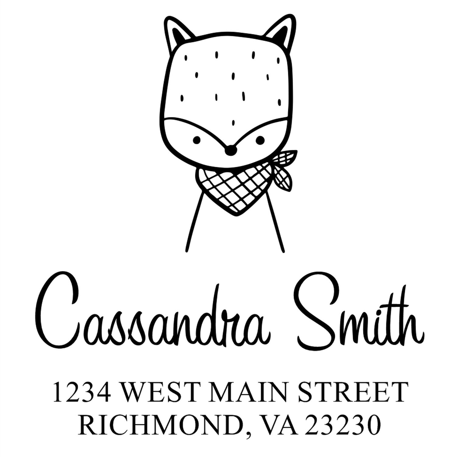Fancy Fox Pre-Inked Customized Name And Address Stamp featuring a cute fox illustration with a scarf. Text reads "Cassandra Smith, 1234 West Main Street, Richmond, VA 23230." Ideal as a Customized Home Stamp for personalizing mail.