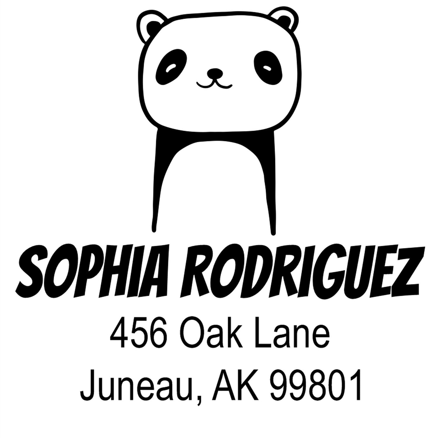Image of a Portable Pre-Inked Playful Panda Custom Designed Name And Address Stamp. The stamp features a cute panda illustration above the personalizable address: "Sophia Rodriguez, 456 Oak Lane, Juneau, AK 99801."