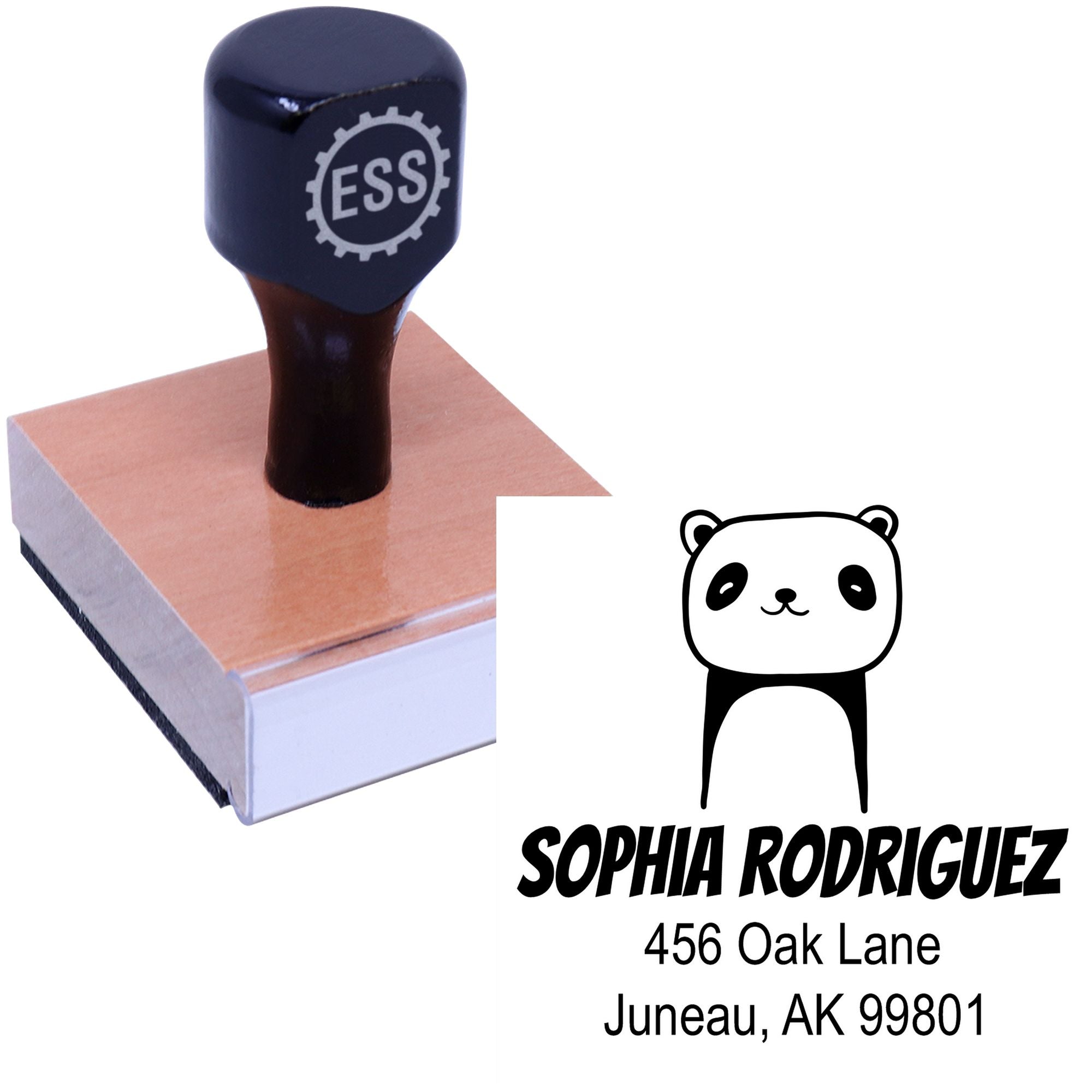 Wood handle playful panda cartoon animal made to order return address stamper. Personalizable return mail stamper with a cute panda design, featuring a wooden handle and customizable address details.