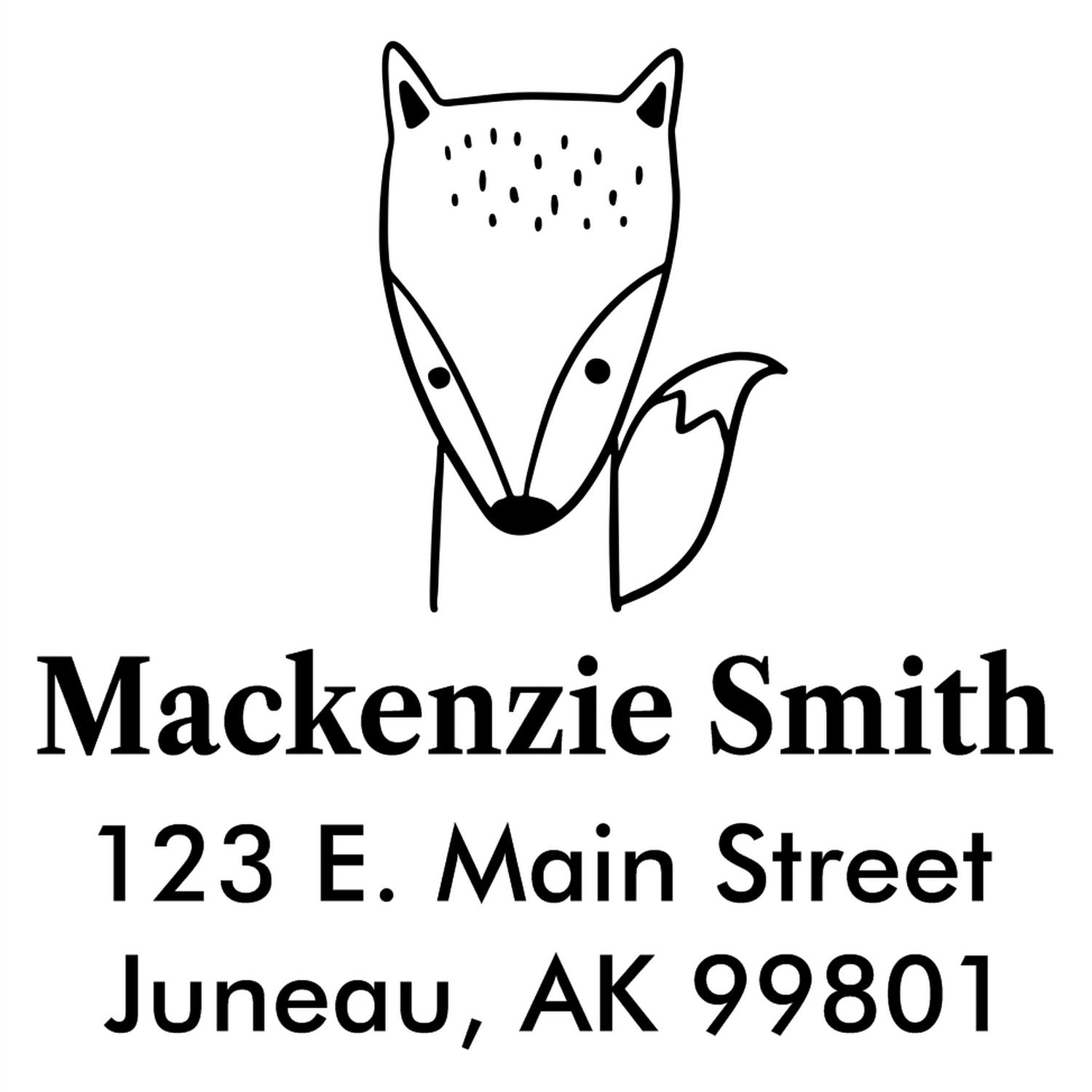 Self-Inking Cartoon Animal Fast Fox Custom Made Home Address Stamper featuring a fox illustration above the name Mackenzie Smith and address 123 E. Main Street, Juneau, AK 99801. Custom-Made Return Mail Stamper design.