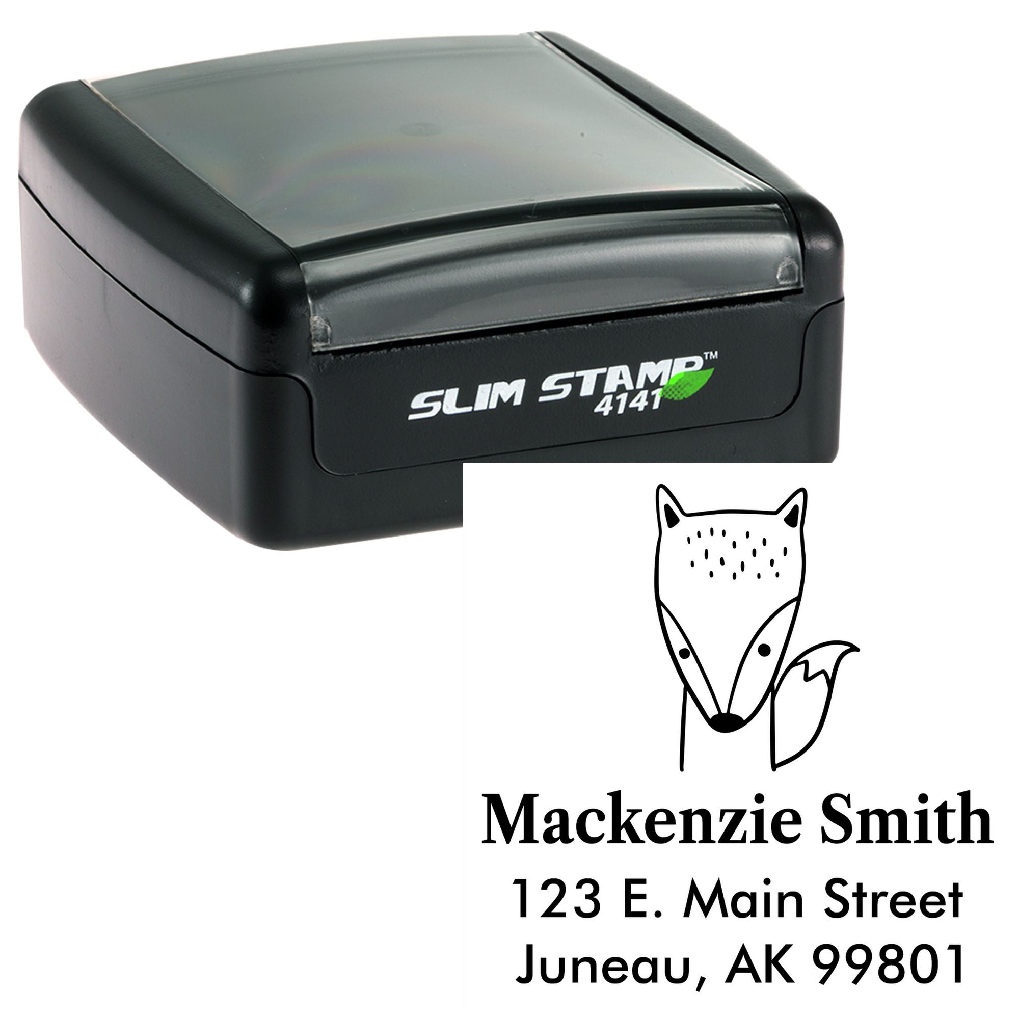 Image of a Portable Pre-Inked Fast Fox Custom Designed Return Address Stamper. The black, compact, customizable home stamp features a fox illustration and personalized address details, ideal for efficient and stylish mail labeling.