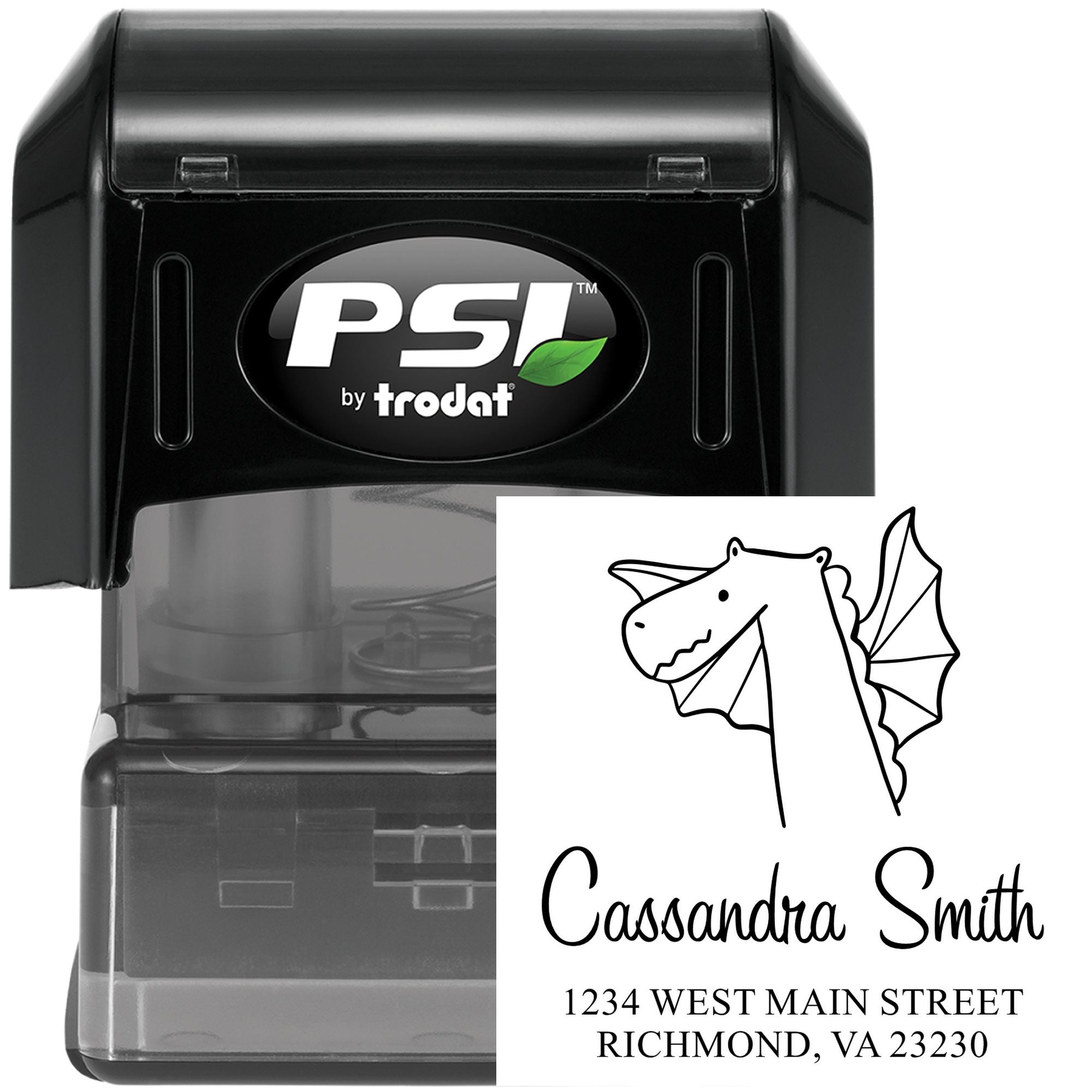 Dragon Delight Pre-Inked Customized Home Address Stamper featuring a dragon illustration. The Custom Home Stamper displays the name "Cassandra Smith" with an address in Richmond, VA. The stamper is black with a clear base.