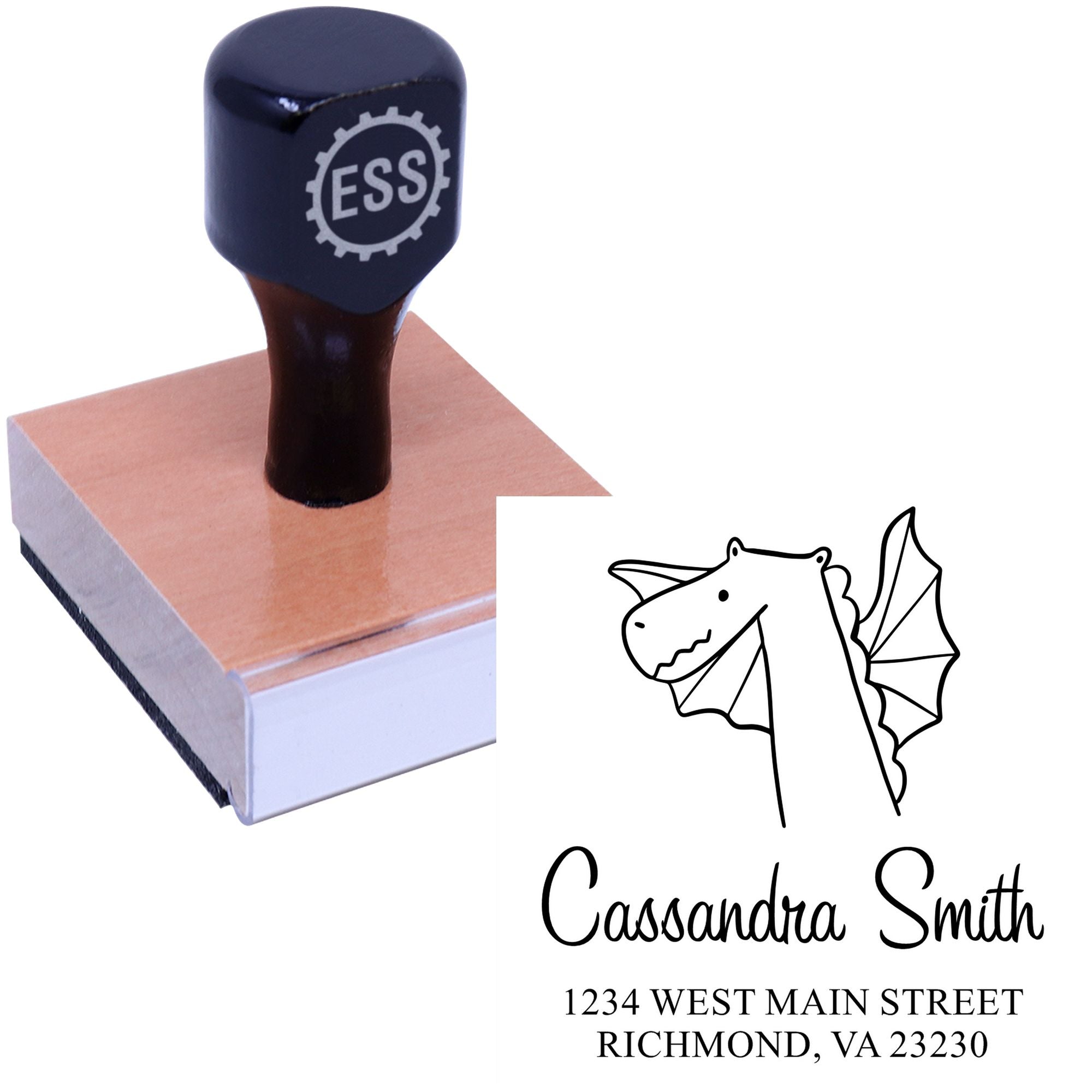 Wood handle dragon delight cartoon animal made to order return address stamper with customizable mailing stamper design. Features a wooden handle and a dragon illustration, perfect for personalizing mail with a unique touch.