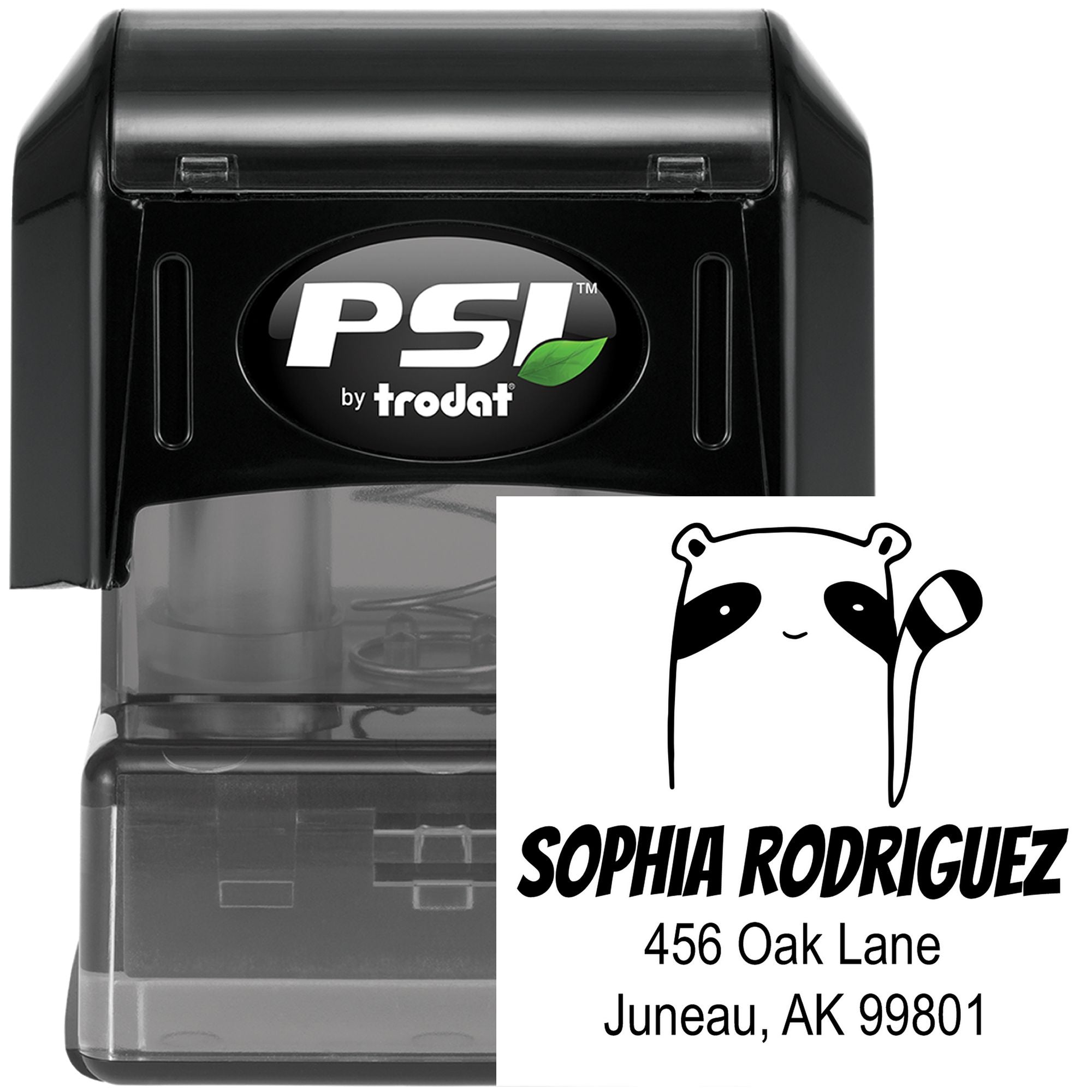 Image of a Renegade Racoon Pre-Inked Customized Return Address Stamp featuring a raccoon graphic. The Custom Home Stamper displays the name "Sophia Rodriguez" with an address in Juneau, AK. The stamp is black with a PSI logo.