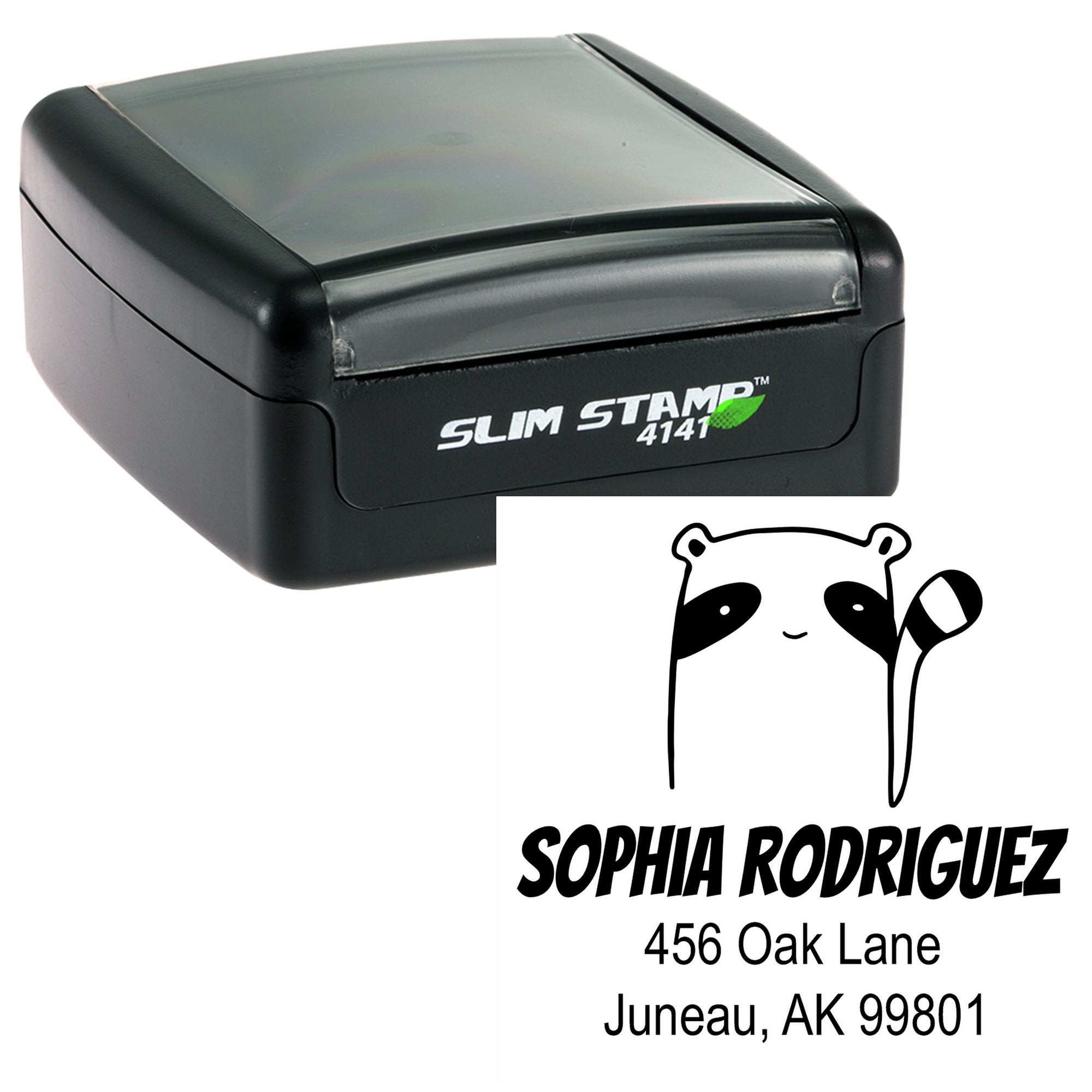Portable Pre-Inked Renegade Racoon Custom Designed Home Address Stamper featuring a black casing with "Slim Stamp 4141" branding. Includes a Custom Return Mail Stamper design with a raccoon graphic and sample address: Sophia Rodriguez, 456 Oak Lane, Juneau, AK 99801.