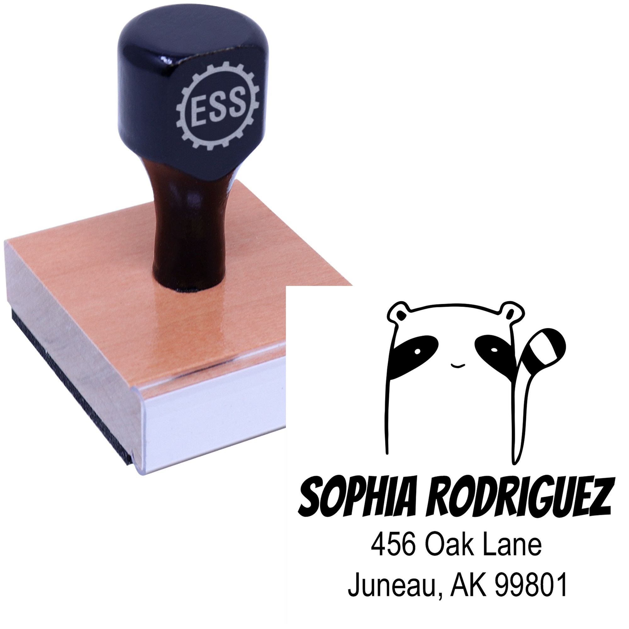 Wood handle custom-made home stamper featuring a renegade raccoon cartoon animal design. The stamp is made to order, perfect for a new home. The image shows the stamp with a wooden handle and a sample imprint with a raccoon and address.