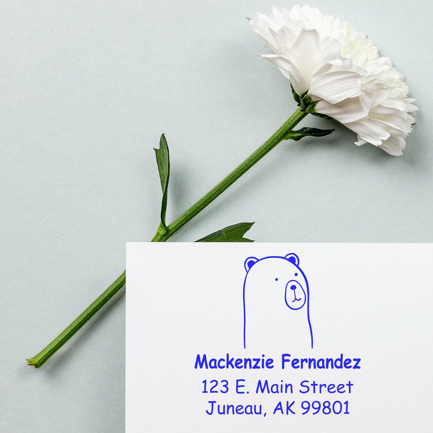 Self-inking stamp featuring a cartoon animal cuddly polar bear design, labeled "Mackenzie Fernandez, 123 E. Main Street, Juneau, AK 99801." This custom-made new home stamp is ideal for a new address. A white flower lies beside the stamp on a light background.