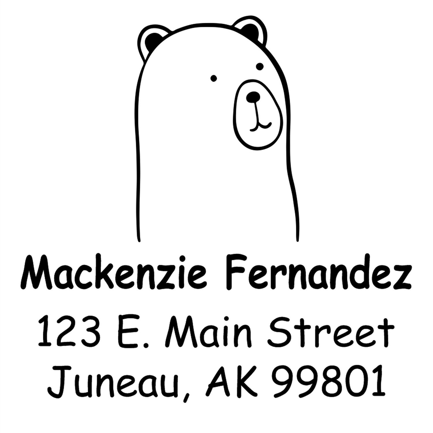 Self-Inking Cartoon Animal Cuddly Polar Bear Custom Made New Home Stamp featuring a cute bear design. Custom-Made New Address Stamper with the name Mackenzie Fernandez and address 123 E. Main Street, Juneau, AK 99801.