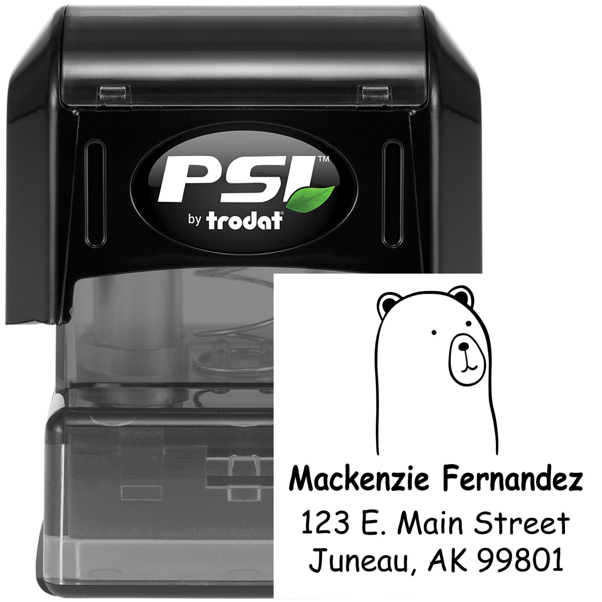 Cuddly Polar Bear Pre-Inked Customized Return Address Stamper featuring a cute bear illustration. Personalized Address Stamp with the name Mackenzie Fernandez and address 123 E. Main Street, Juneau, AK 99801. Black casing with PSI by Trodat branding.