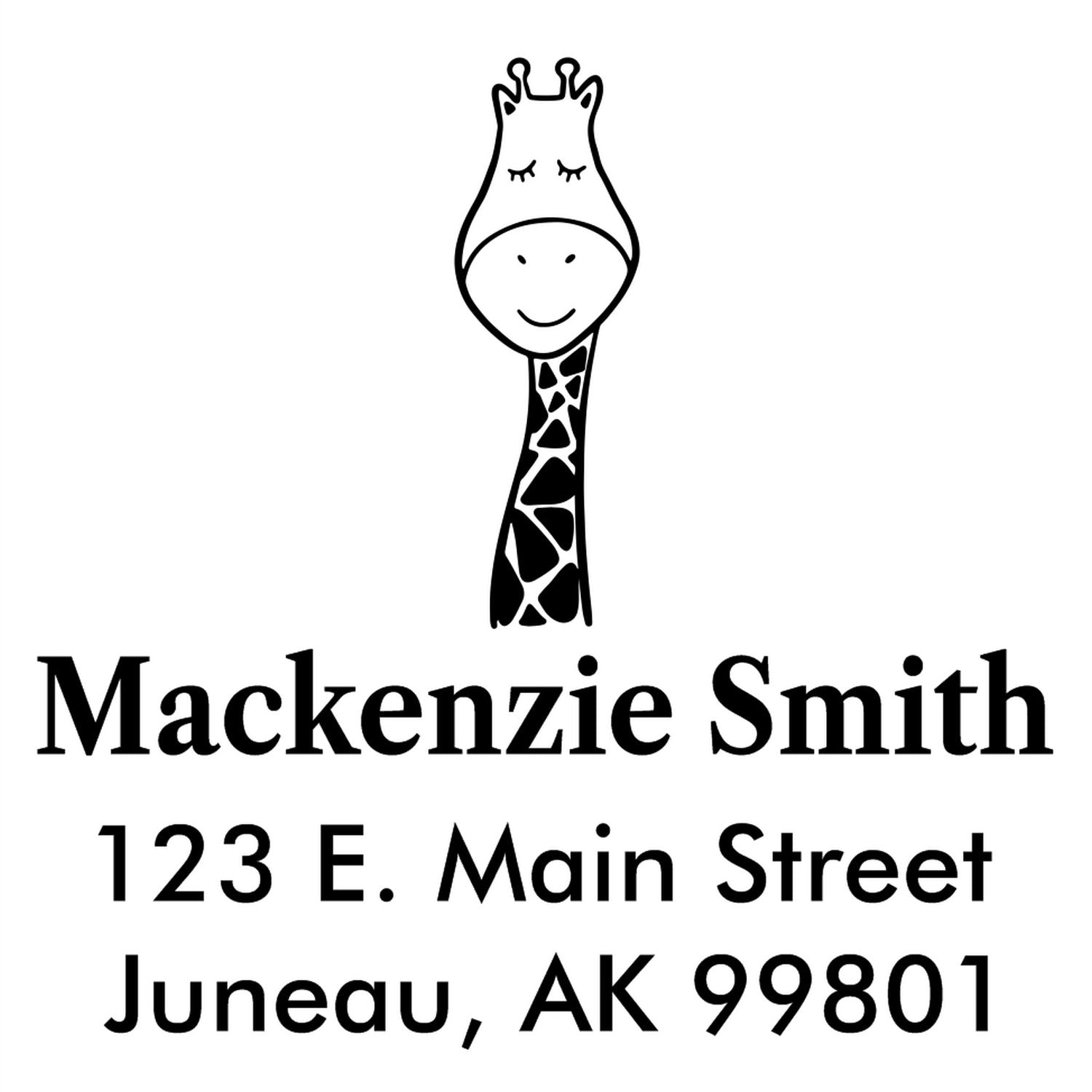 Self-Inking Cartoon Animal Jolly Giraffe Personalized Mail Stamp featuring a smiling giraffe above the name "Mackenzie Smith" and address "123 E. Main Street, Juneau, AK 99801." Ideal as a Personalizable Home Stamper.