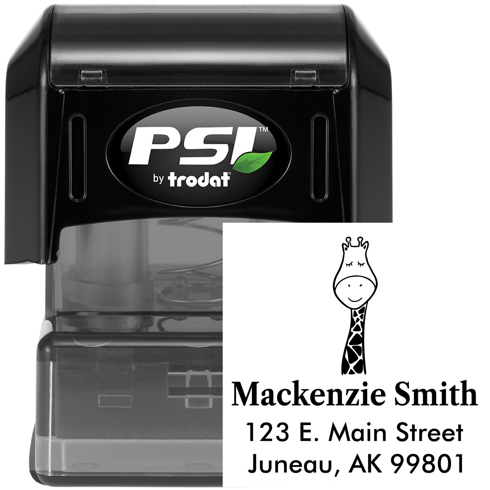 Image of a Jolly Giraffe Pre-Inked Customized New Home Stamper. The Personalized Mailing Stamper features a giraffe design with the name "Mackenzie Smith" and an address in Juneau, AK. The stamper is black with a clear base.