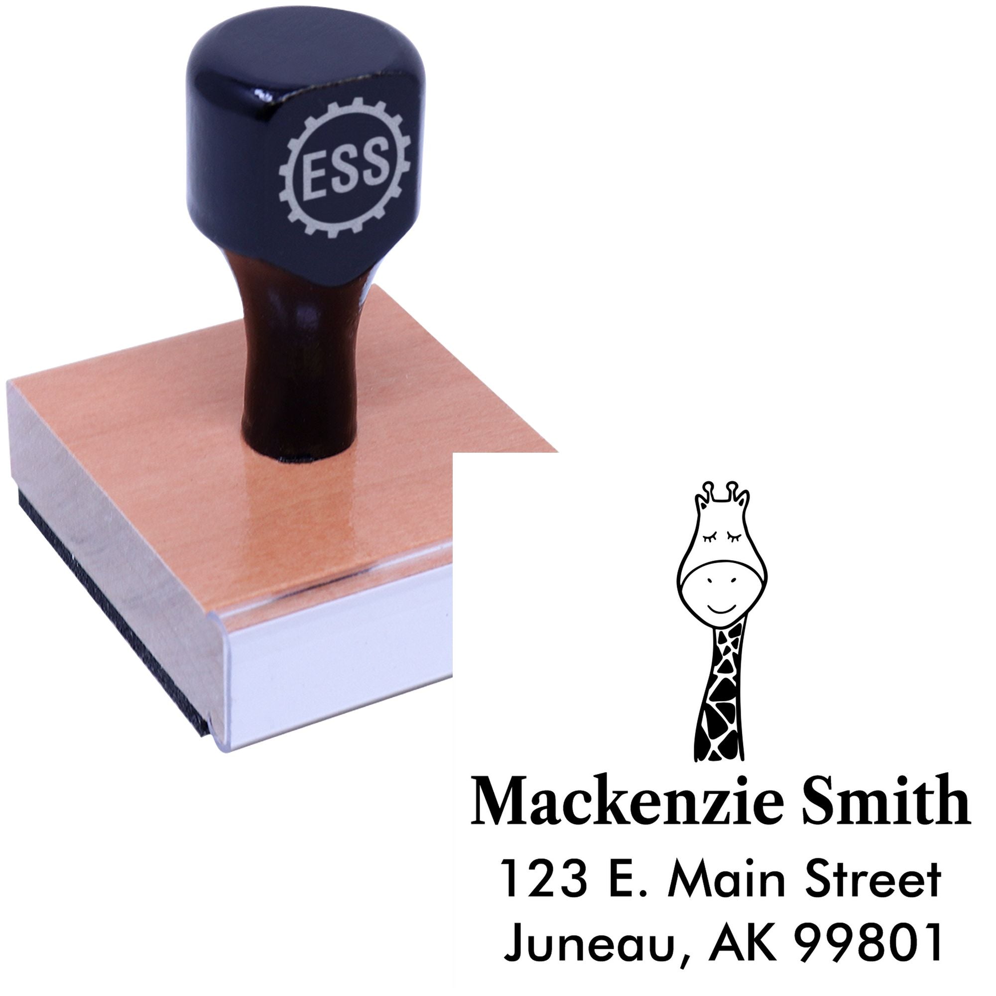 Wood Handle Jolly Giraffe Cartoon Animal Custom Mail Stamper with a wooden grip and black base. The Custom New Address Stamper features a smiling giraffe design and personalized address: Mackenzie Smith, 123 E. Main Street, Juneau, AK 99801.