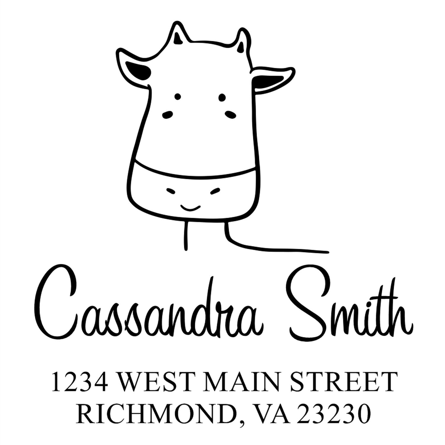 Wood Handle Giraffe Grins Cartoon Animal Custom Return Address Stamp featuring a smiling giraffe illustration above the name "Cassandra Smith" and address. This Customizable Address Stamper adds a playful touch to mail with its unique design.