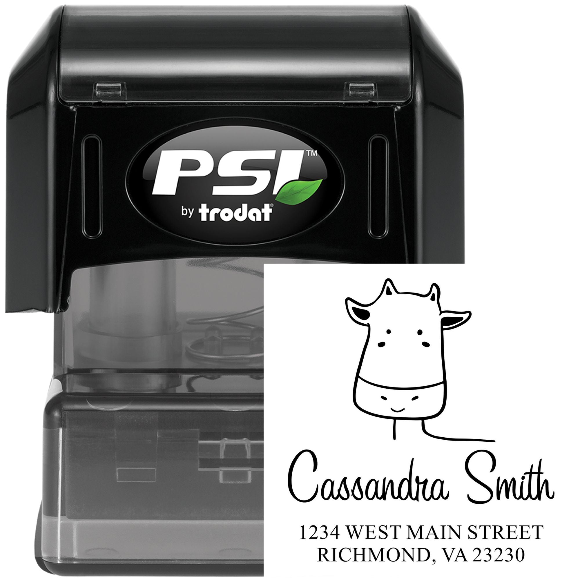 A black PSI by Trodat stamp featuring a Giraffe Grins Pre-Inked Handcrafted Mail Stamp design. The Custom-Made Mailing Stamper displays a cartoon giraffe, the name "Cassandra Smith," and an address: 1234 West Main Street, Richmond, VA 23230.