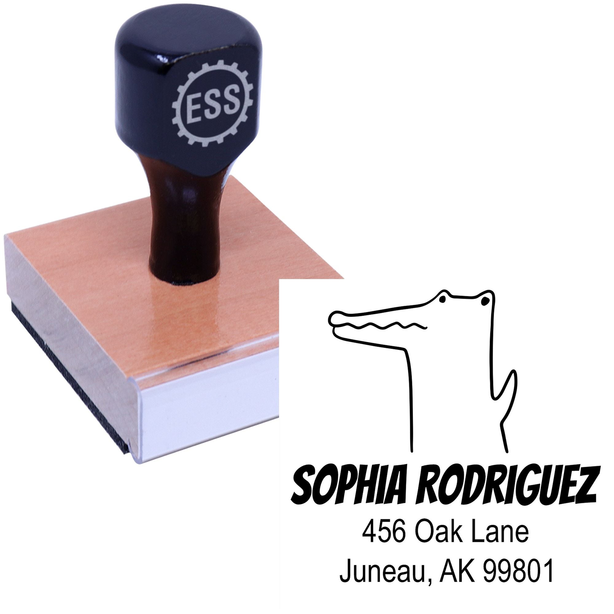 Wood handle charming crocodile cartoon animal custom return address stamper with a personalizable home stamper design. The stamper features a wooden base and a black handle, alongside a playful crocodile illustration and customizable address text.