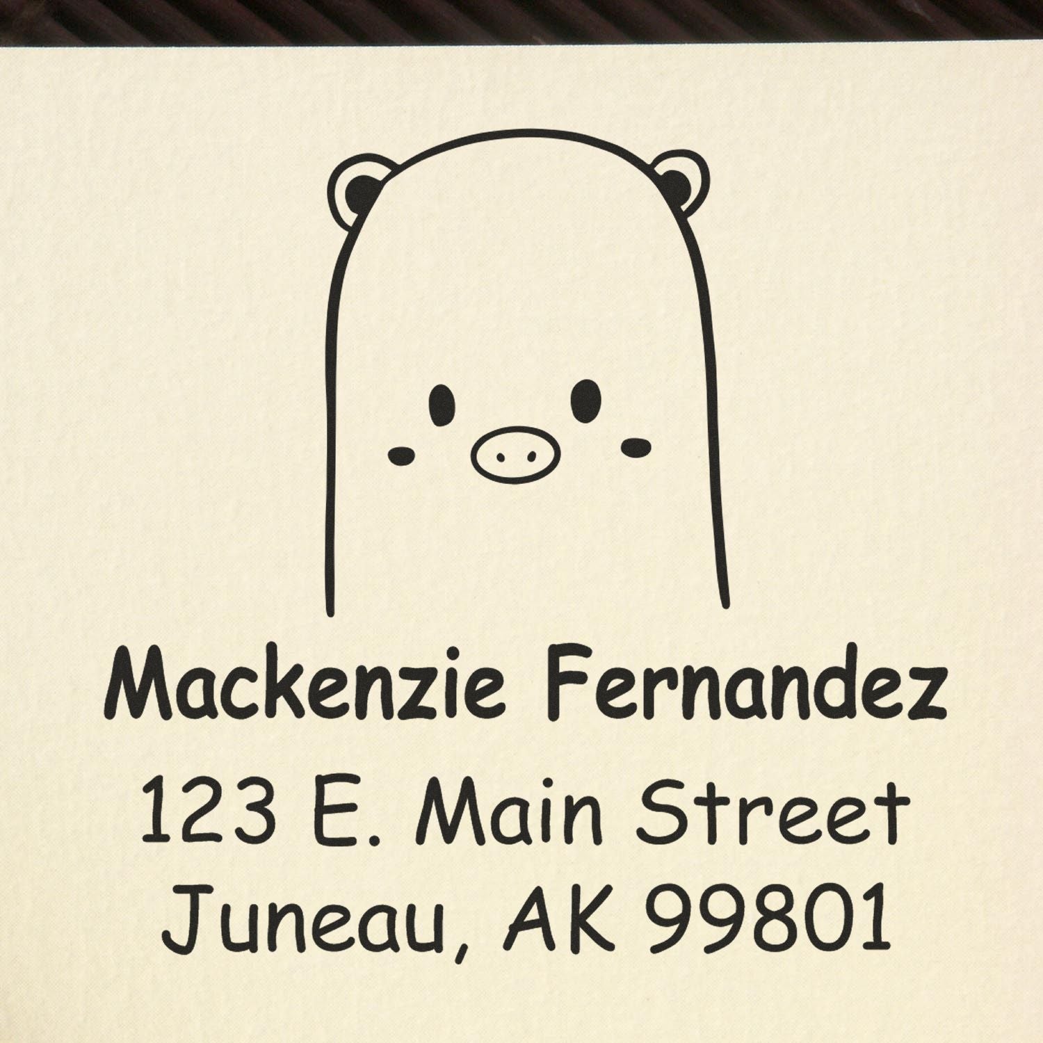Wood handle beautiful bear cartoon animal custom address stamp featuring a cute bear design. The custom-made mailing stamp displays the name "Mackenzie Fernandez" with an address in Juneau, AK.