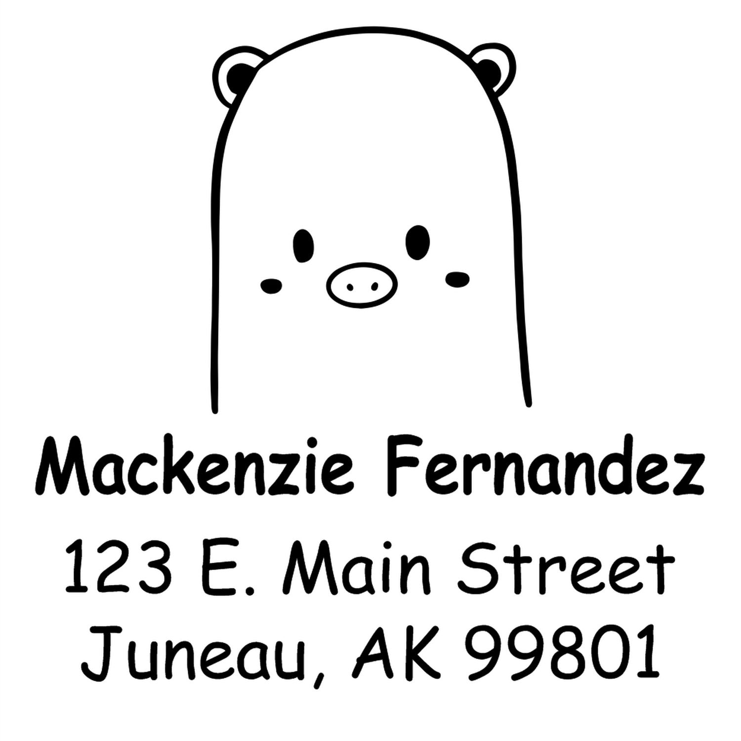 Wood handle beautiful bear cartoon animal custom address stamp featuring a cute bear design. Custom-made return mail stamper with the name Mackenzie Fernandez and address 123 E. Main Street, Juneau, AK 99801 in bold, playful font.