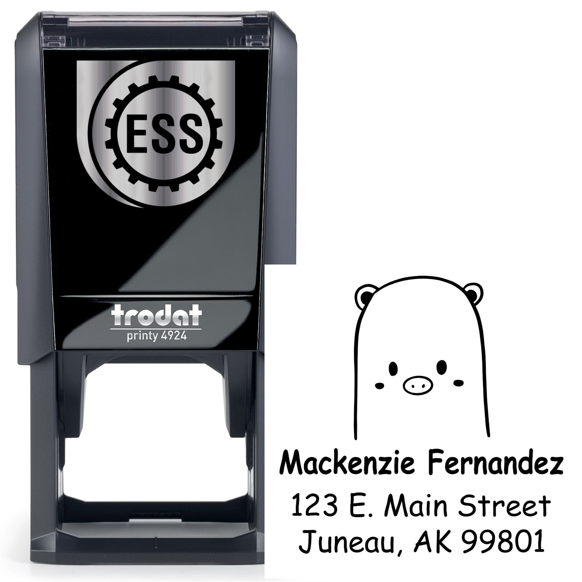 Self-inking cartoon animal beautiful bear personalized return address stamper featuring a cute bear design. The customized address stamper displays "Mackenzie Fernandez, 123 E. Main Street, Juneau, AK 99801" alongside the stamper device.