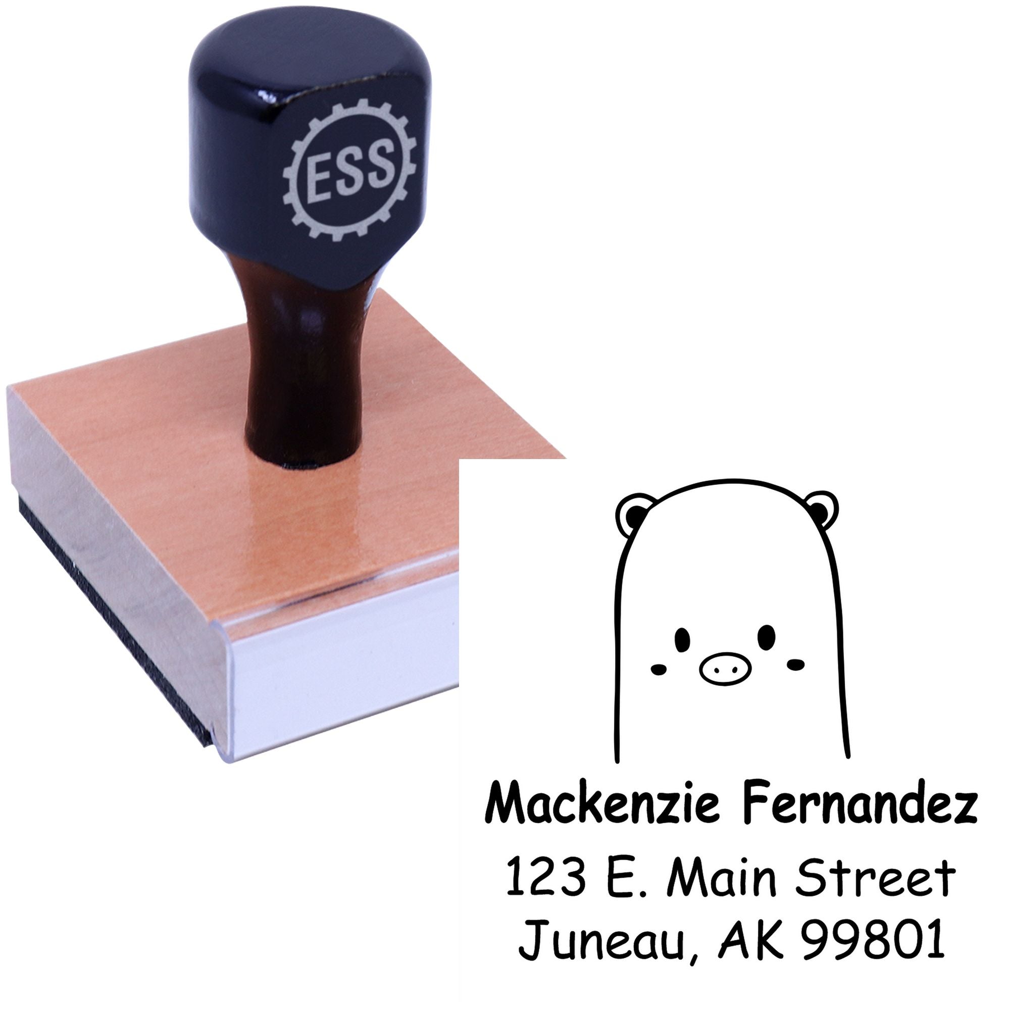 Wood handle custom-made new address stamper featuring a beautiful bear cartoon animal design. The stamp displays the name "Mackenzie Fernandez" with an address. Ideal for personalized mailings.