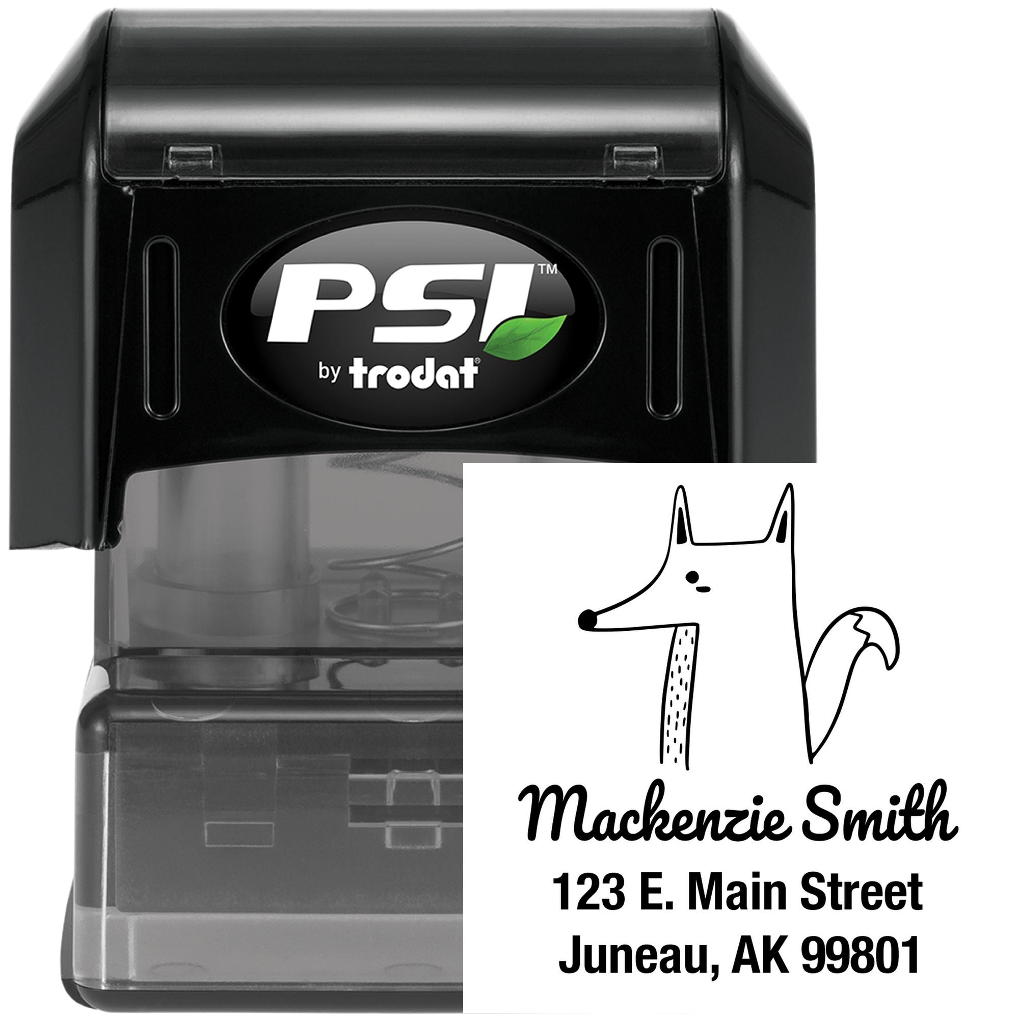 Image of a Finicky Fox Pre-Inked Handcrafted Return Address Stamper. The Personalized New Address Stamper features a fox illustration and sample address: Mackenzie Smith, 123 E. Main Street, Juneau, AK 99801. The stamper is black with a PSI by Trodat logo.