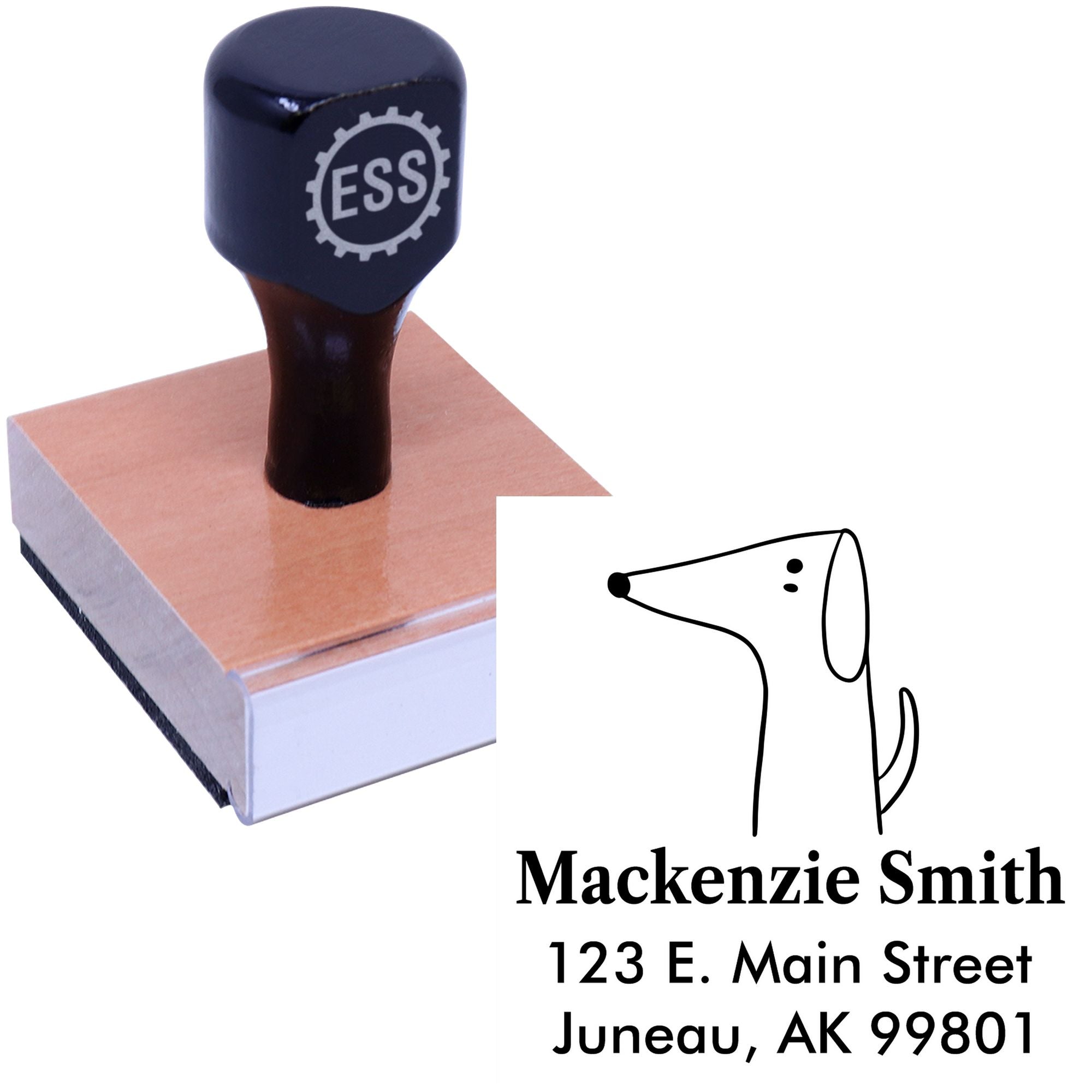 Wood handle custom-made return mail stamper featuring a perky pooch cartoon animal design. The stamp displays an address with a playful dog illustration, perfect for personalized mailing needs.