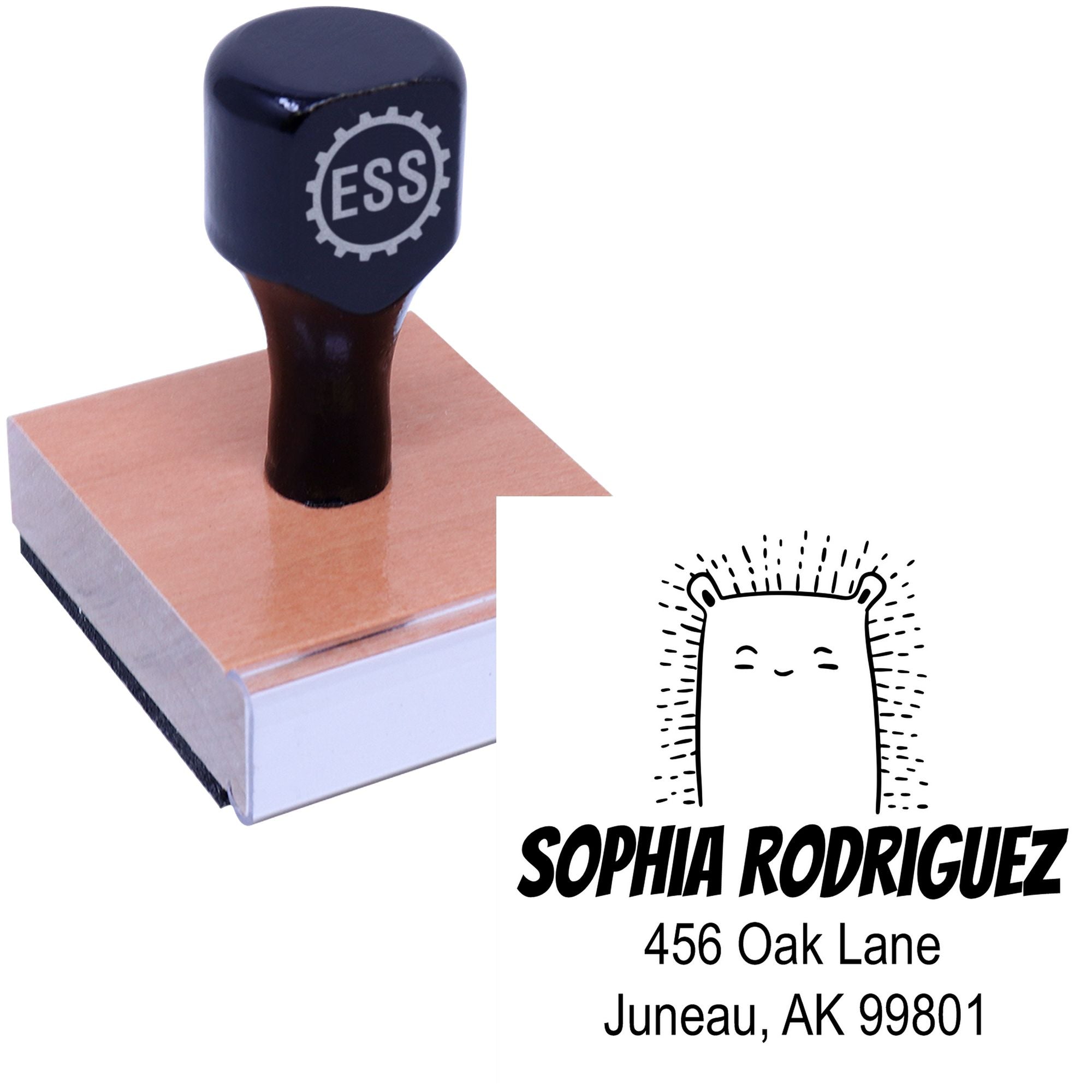Wood handle bouncy bear cartoon animal custom address stamp with customizable return mail stamper. The stamp features a wooden base and a black handle, alongside a sample imprint showing a cute bear design with customizable address details.