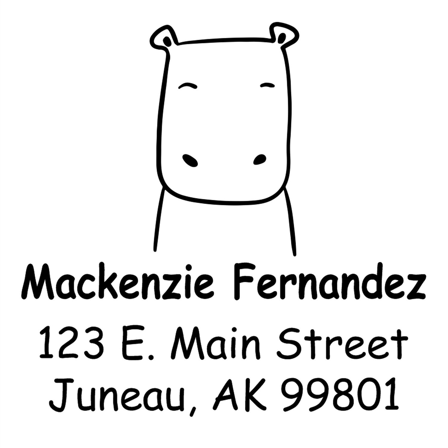 Self-Inking Cartoon Animal Hopeful Hippo Personalized Address Stamp featuring a cute hippo illustration above the name "Mackenzie Fernandez" and address "123 E. Main Street, Juneau, AK 99801." Ideal for a customized address stamper.