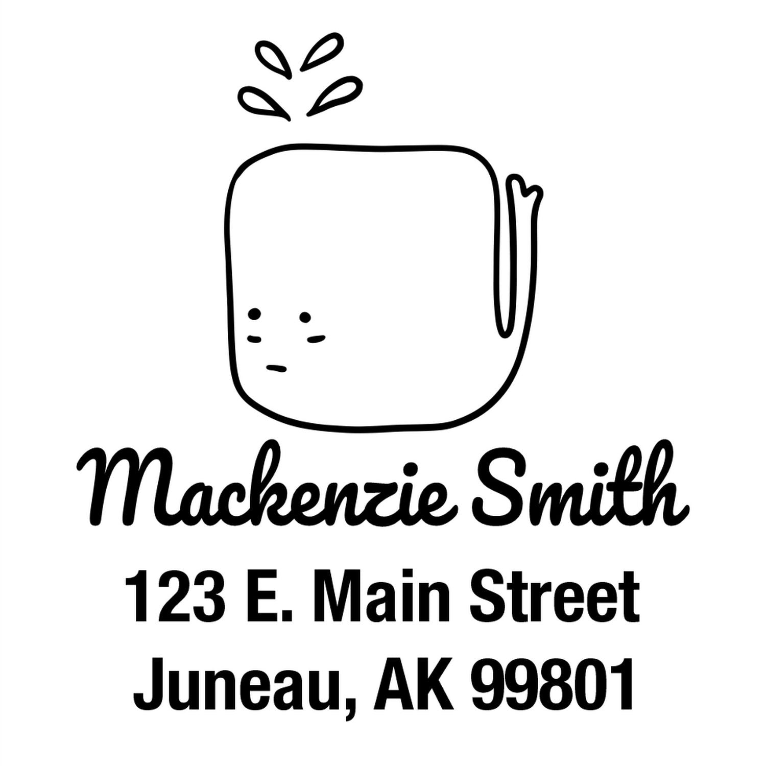 Joyful Whale Pre-Inked Handcrafted Address Stamp featuring a cute whale design with water splashes. Customizable Return Mail Stamper displays "Mackenzie Smith, 123 E. Main Street, Juneau, AK 99801" in bold, playful font.