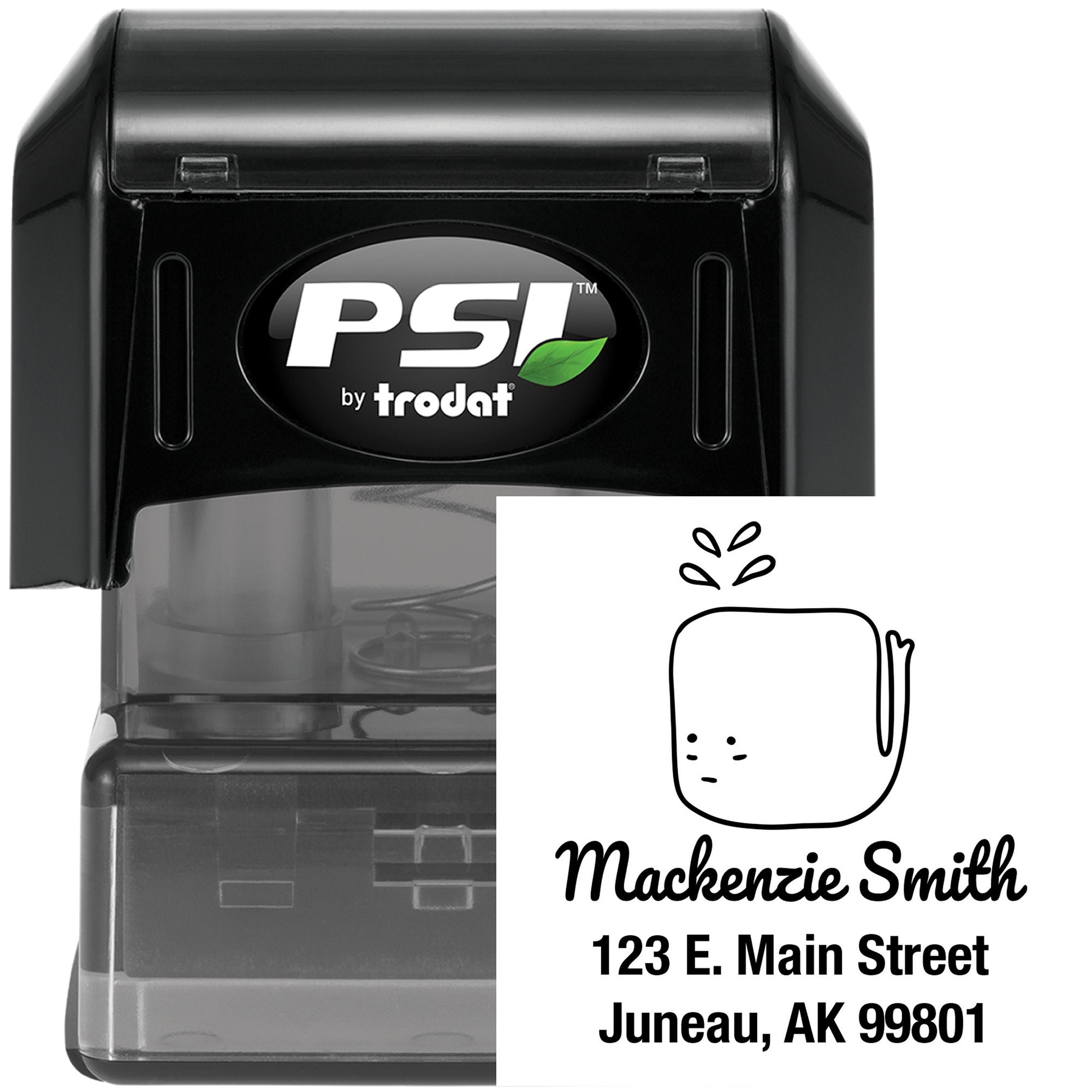 Joyful Whale Pre-Inked Handcrafted Address Stamp featuring a customizable new address stamper design. The image shows a black stamp with a whale illustration and sample address text for Mackenzie Smith, 123 E. Main Street, Juneau, AK 99801.