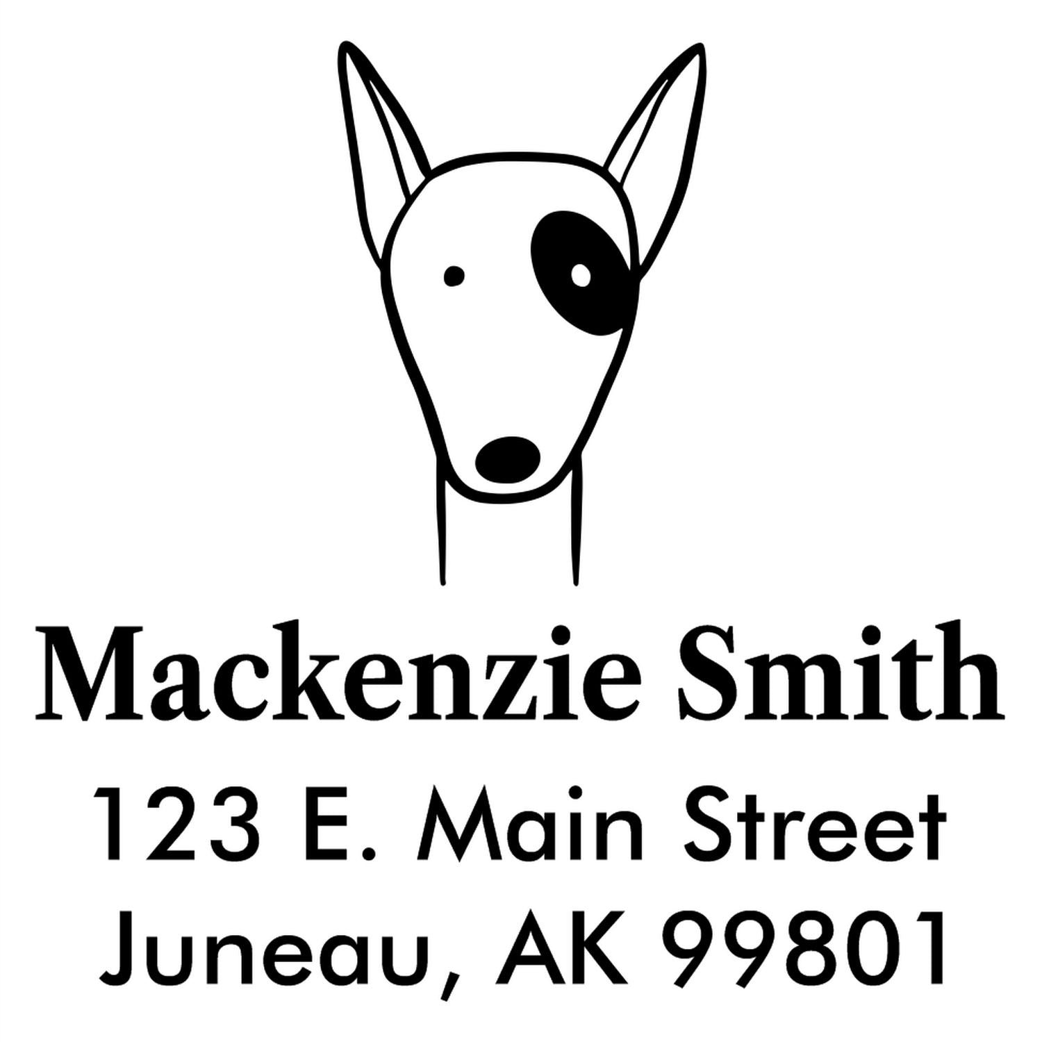 Portable Pre-Inked Delightful Dog Made To Order Address Stamp featuring a dog's face above the name Mackenzie Smith, with the address 123 E. Main Street, Juneau, AK 99801. Personalized Return Mail Stamper design.
