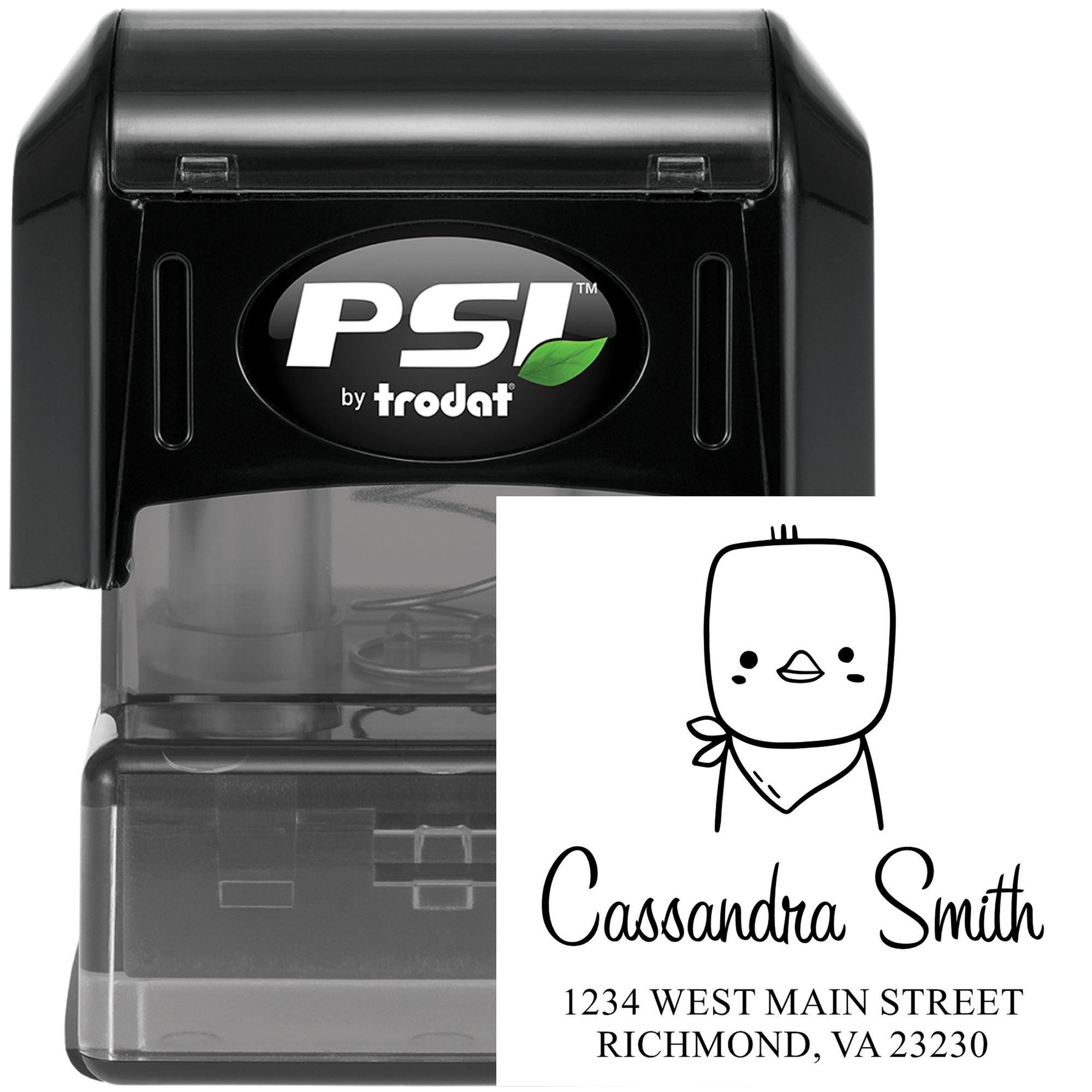 Image of a Cute Chick Pre-Inked Handcrafted Home Stamp featuring a simple chick illustration. The stamp is customized with a new address: "Cassandra Smith, 1234 West Main Street, Richmond, VA 23230." The design is sleek and modern.