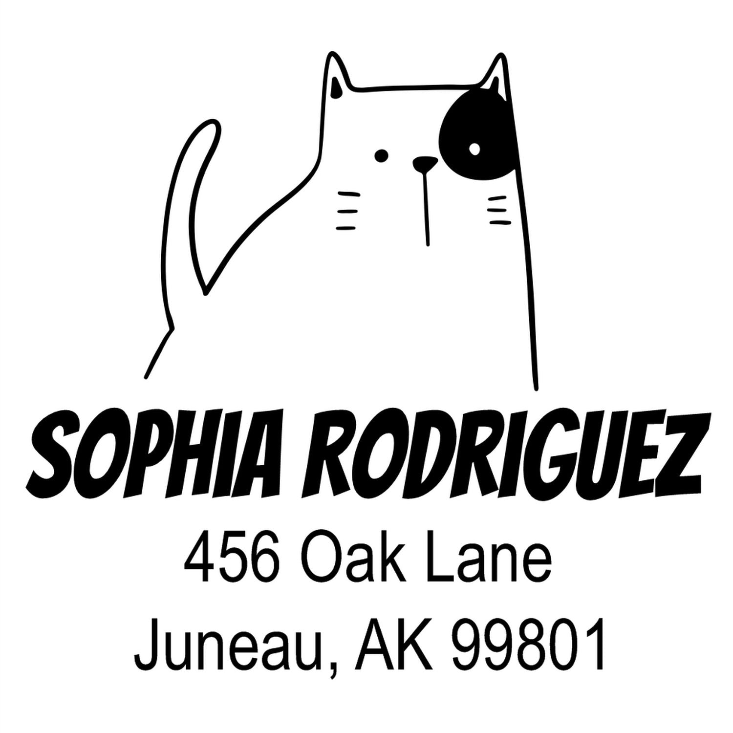Wood handle fluffy feline cartoon animal custom envelope stamper featuring a cute cat design. The customized mailing stamper displays the name "Sophia Rodriguez" with an address below, ideal for personalizing mail with a playful touch.