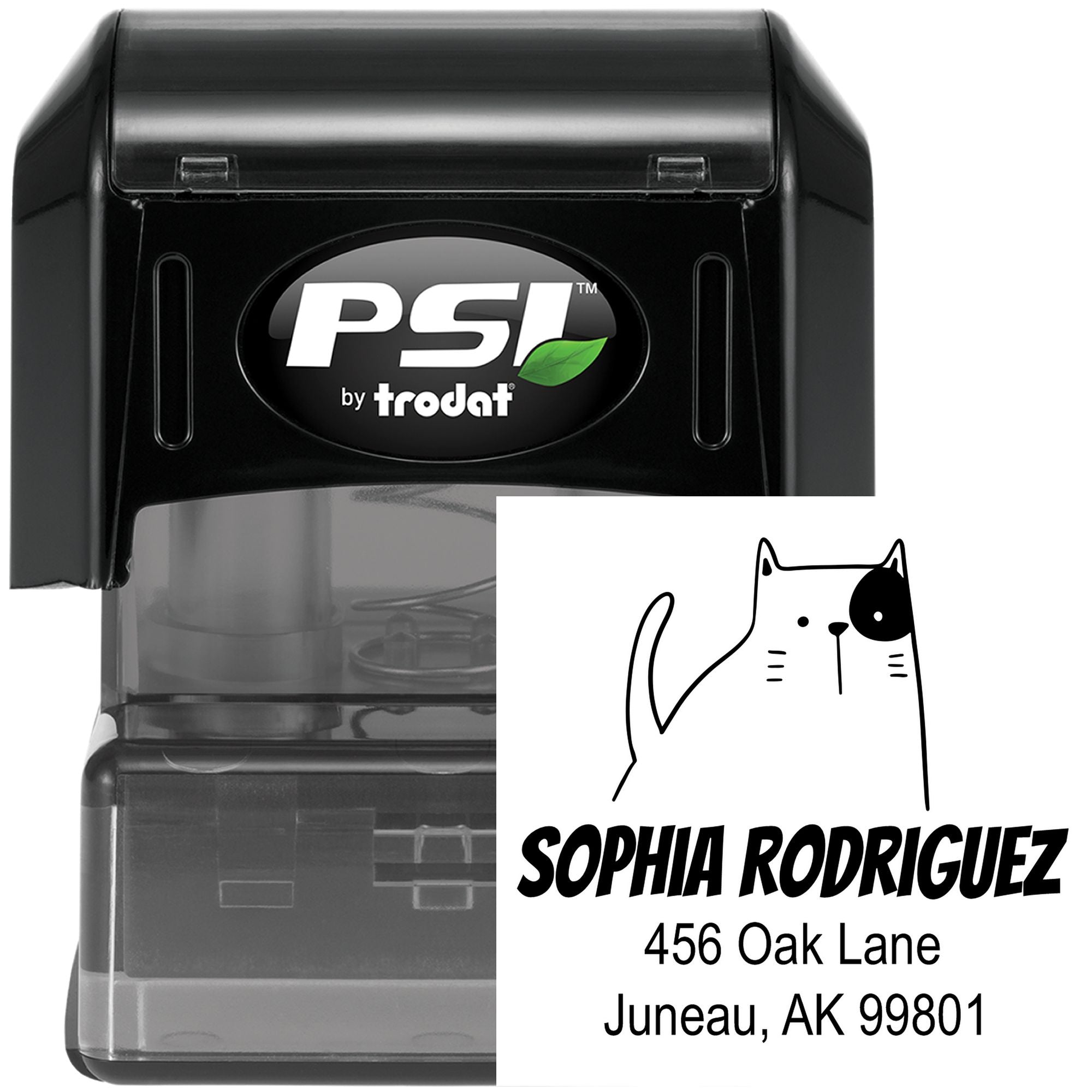 Fluffy Feline Pre-Inked Handcrafted Home Stamper featuring a cute cat illustration. This Personalizable Return Mail Stamp displays the name "Sophia Rodriguez" and address "456 Oak Lane, Juneau, AK 99801" in black ink.
