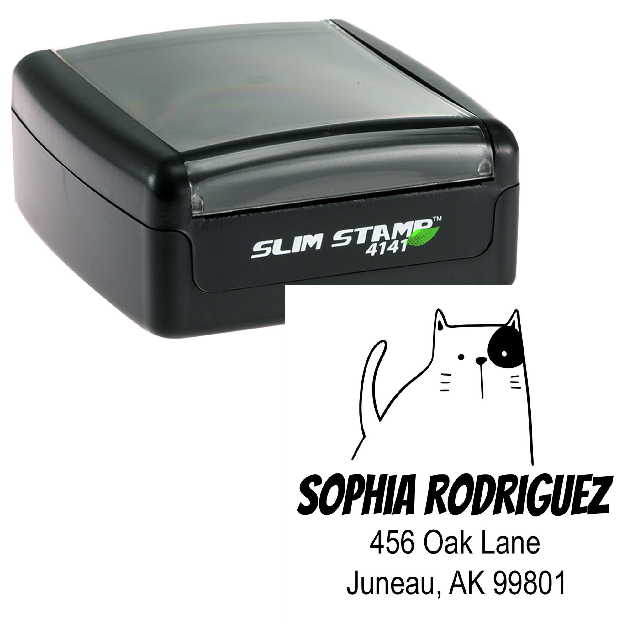 Portable Pre-Inked Fluffy Feline Made To Order Home Stamp featuring a custom mailing stamp design with a cute cat illustration and personalized address for Sophia Rodriguez, 456 Oak Lane, Juneau, AK 99801. Black Slim Stamp 4141 model.