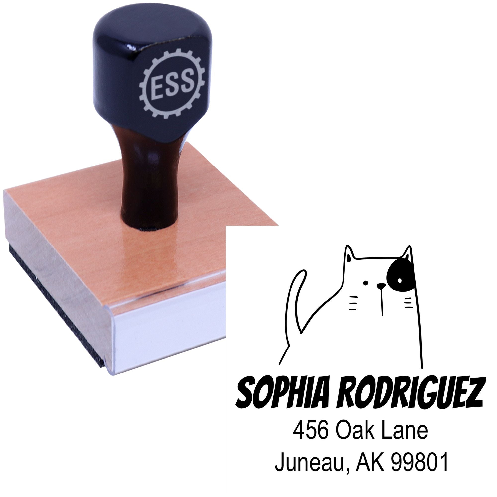 Wood handle fluffy feline cartoon animal custom envelope stamper with a black top and wooden base. The design features a cute cat illustration and personalized text, ideal for a customized home stamper.