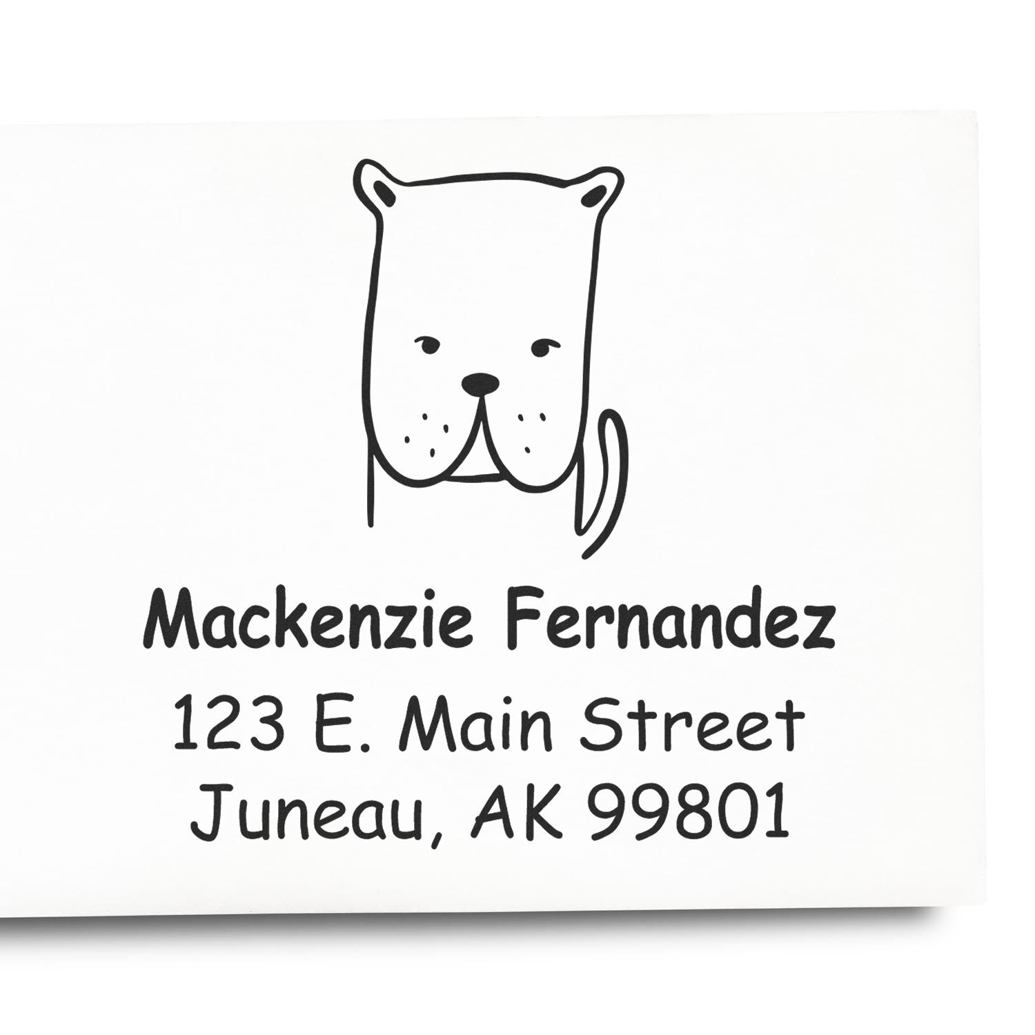 Wood Handle Darling Dog Cartoon Animal Custom Address Stamp featuring a cute dog illustration above the name "Mackenzie Fernandez" and address "123 E. Main Street, Juneau, AK 99801." Personalizable Home Stamp for adding a personal touch to mail.