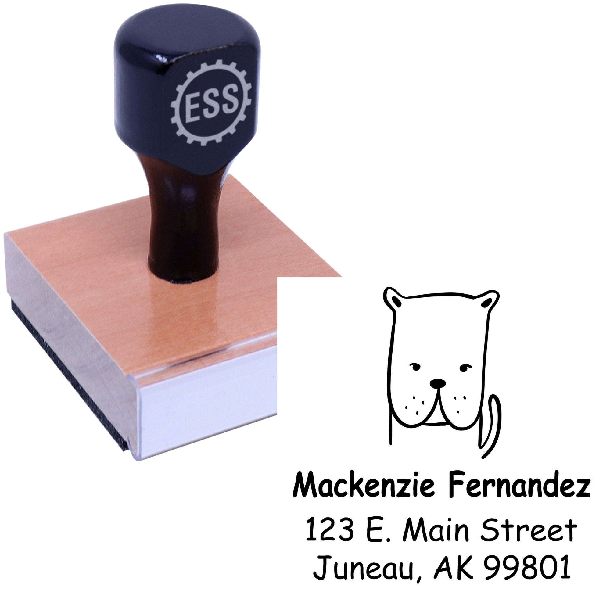 Wood Handle Darling Dog Cartoon Animal Custom Address Stamp with customizable mailing stamper. Features a wooden handle and a cute dog illustration, perfect for personalizing mail with a custom address.