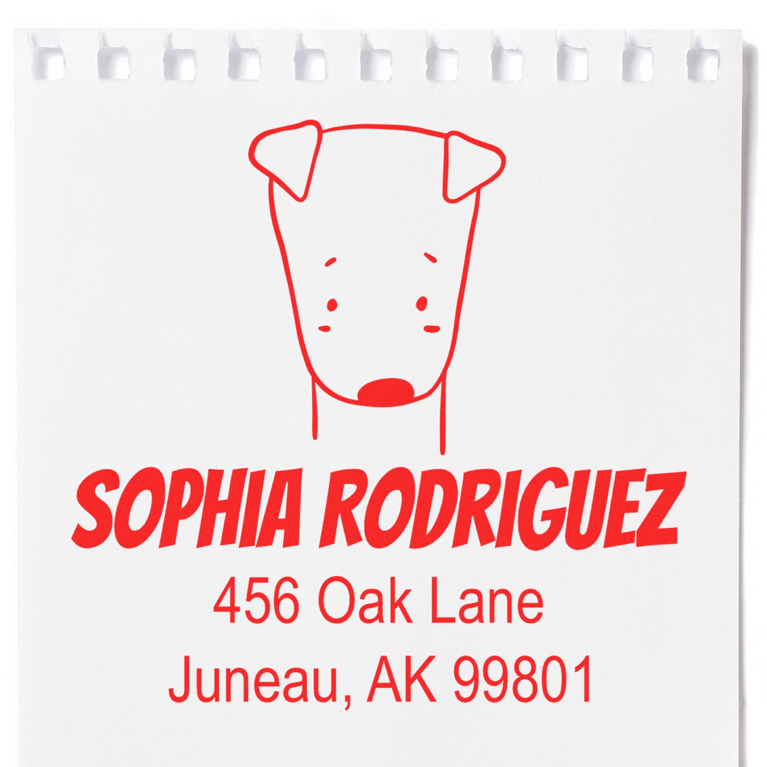 Wood handle daring dog cartoon animal custom return address stamp on white paper. The design features a red cartoon dog above the name "Sophia Rodriguez" and address "456 Oak Lane, Juneau, AK 99801." Ideal for a customized new address stamp.